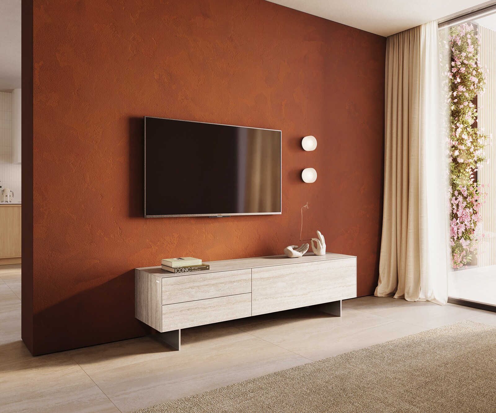 ТВ шкаф Cuor 180 см Керамика Laminam® Travertino Bianco Крем-бяло 1 врата 2 чекмеджета Основа Неръждаема стомана