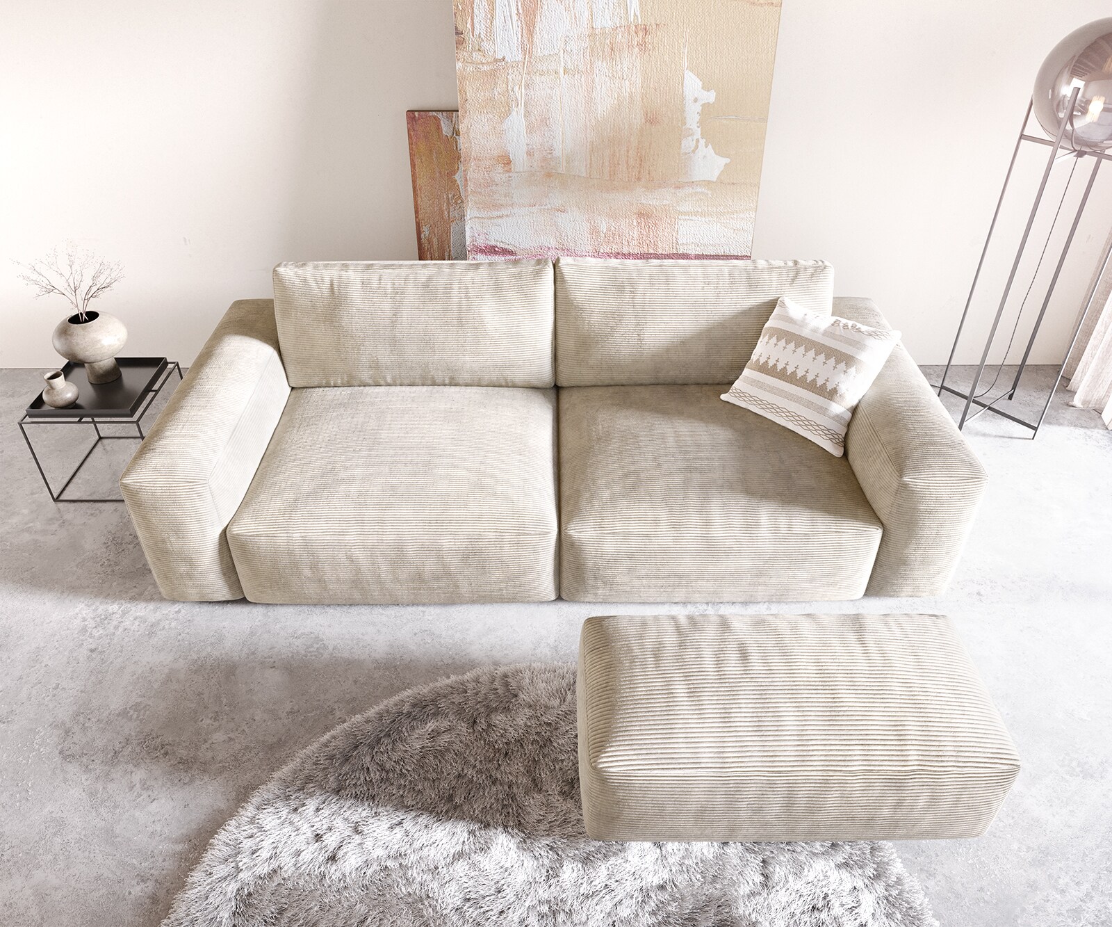 Голям диван XL 270x130 cm Корд Бежов с табуретка Lanzo 3 Голям диван XL 270x130 cm Корд Бежов с табуретка Lanzo 3