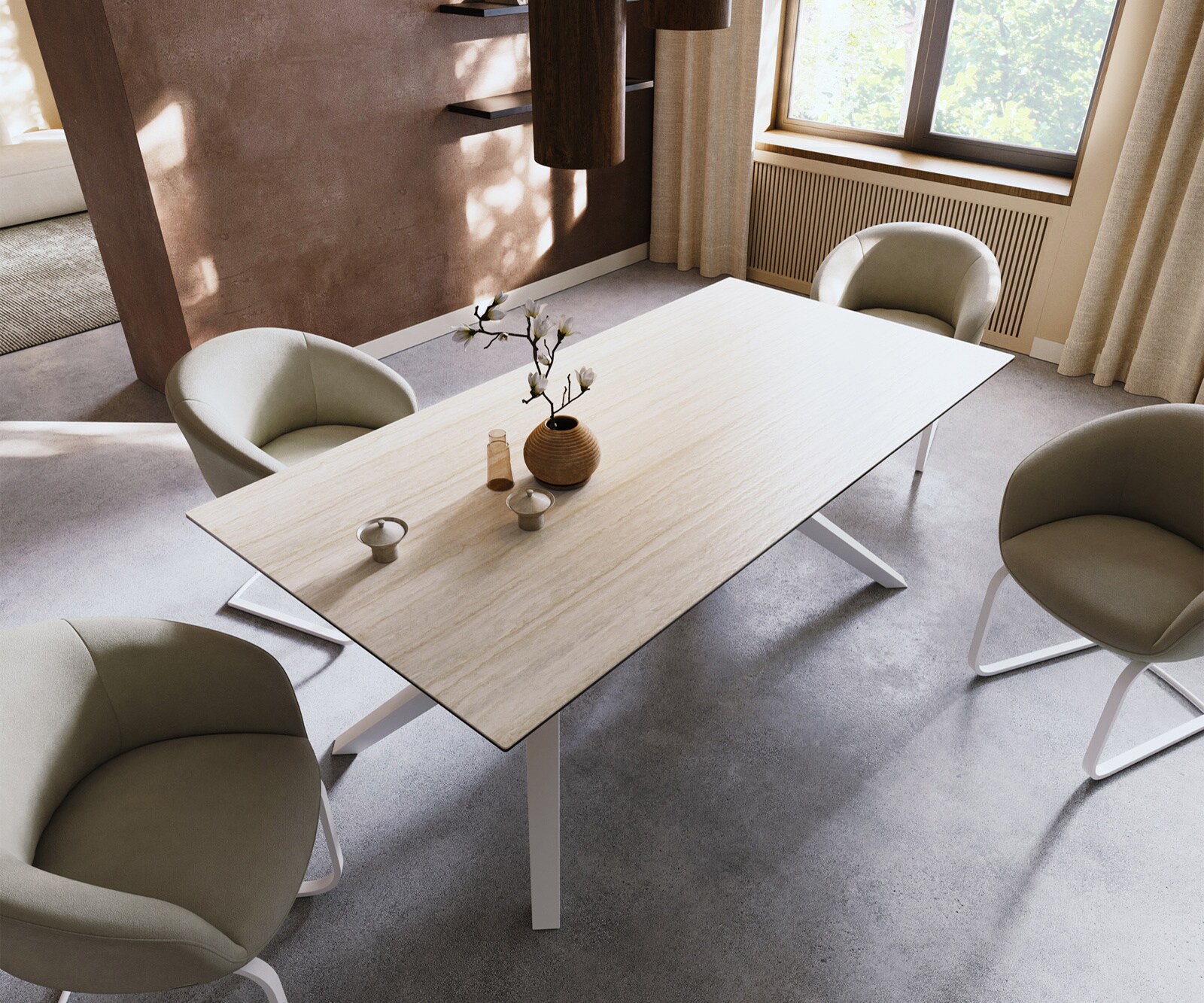 Трапезна маса Edge 200x100, керамика Laminam „®“, Travertino Bianco, кремаво-бяла, Zenthara, с остри ръбове, метал, бяла 3