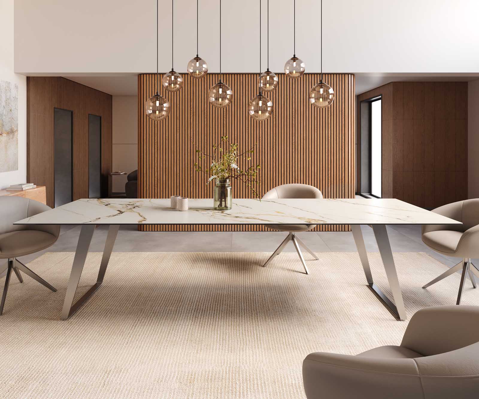 Маса 300x100 Keramik Calacatta Luxe Бял-Злато-Сив Неръждаема стомана под ъгъл Edge 1