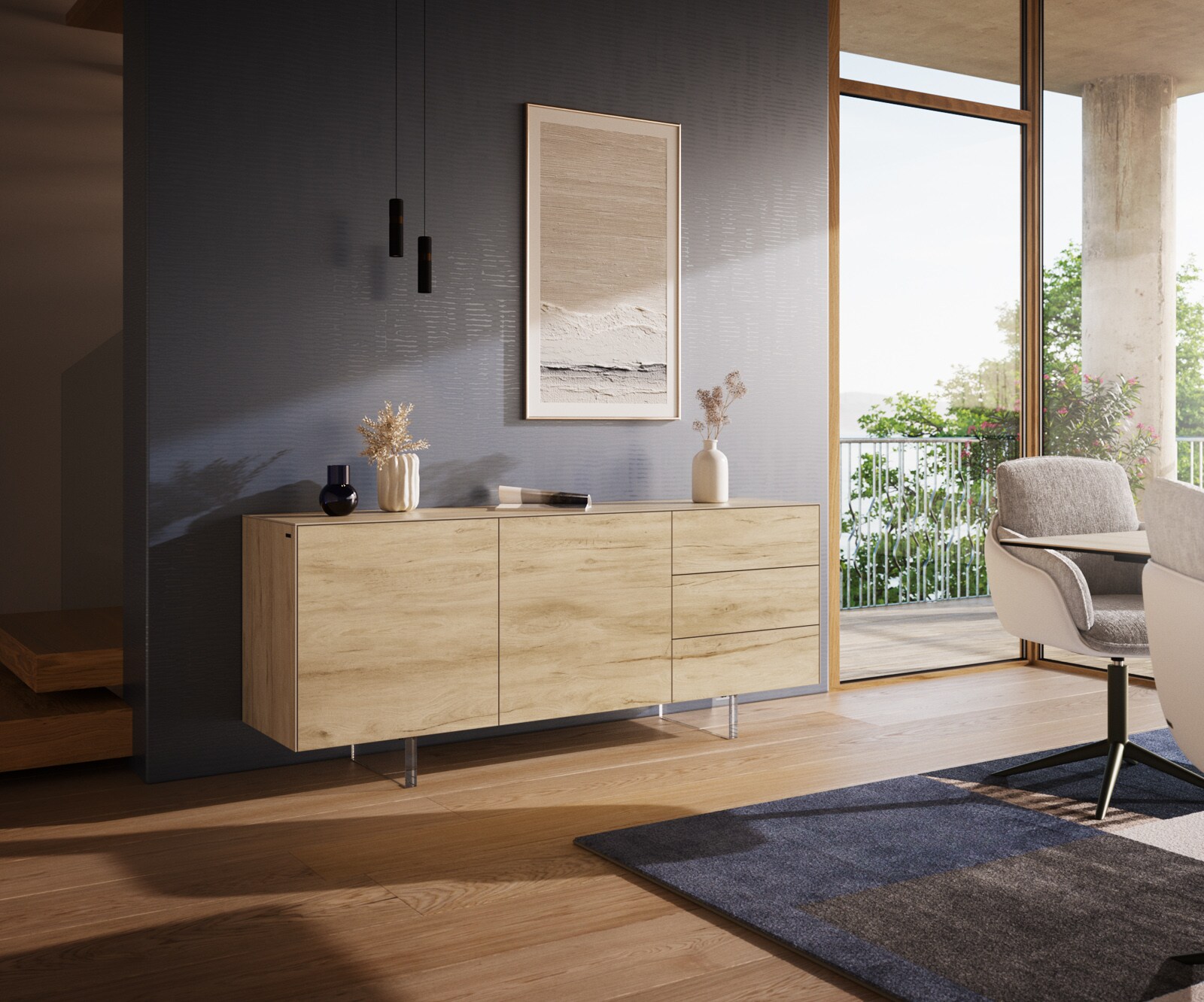 Бюфет Cuor 180 см Керамика Laminam® Sabbia Дъбов цвят 2 врати 3 чекмеджета Основа Акрилно стъкло 1