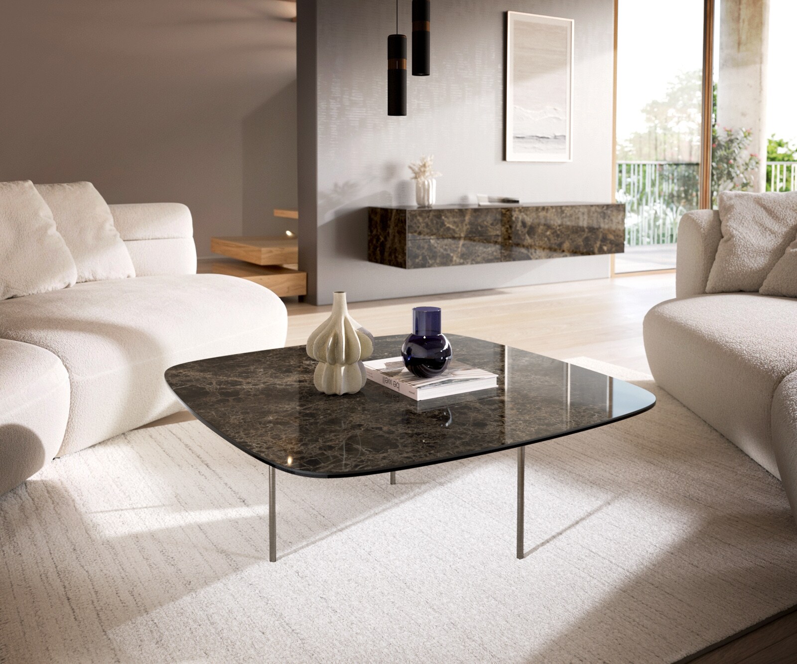 Масичка за кафе Edge Boot 90x90 cm керамика Laminam® Emperador Extra Lucidato Тъмнокафяв плот Матирана неръждаема стомана 1