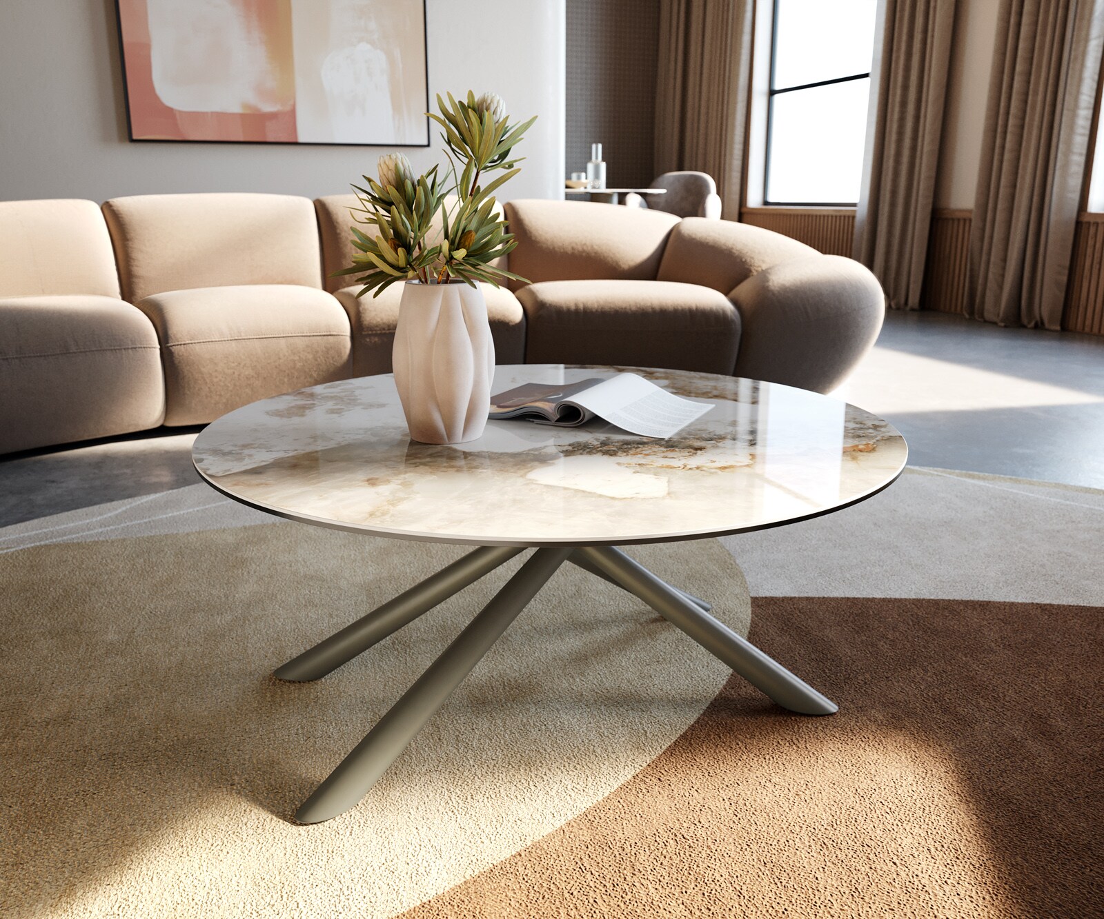 Масичка за кафе Edge кръгла 90x90 cm керамика Minas Melange Sarity метален ефект покритие титан 1