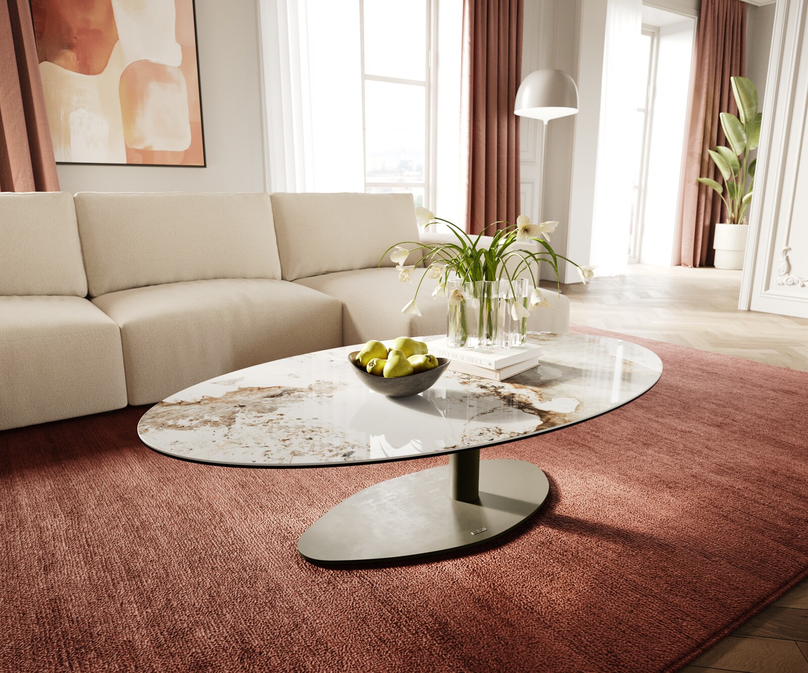 Масичка за кафе Edge Oval 140x80 cm керамика Minas Melange Vibany метален ефект покритие титан 1