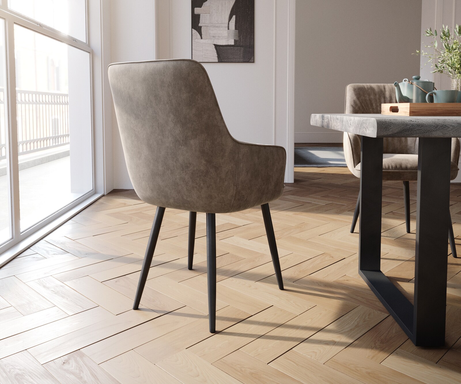 Стол с подлакътници Таупе Винтидж 4-крака Прави Черни  Покет пружина Zelia-Flex 5