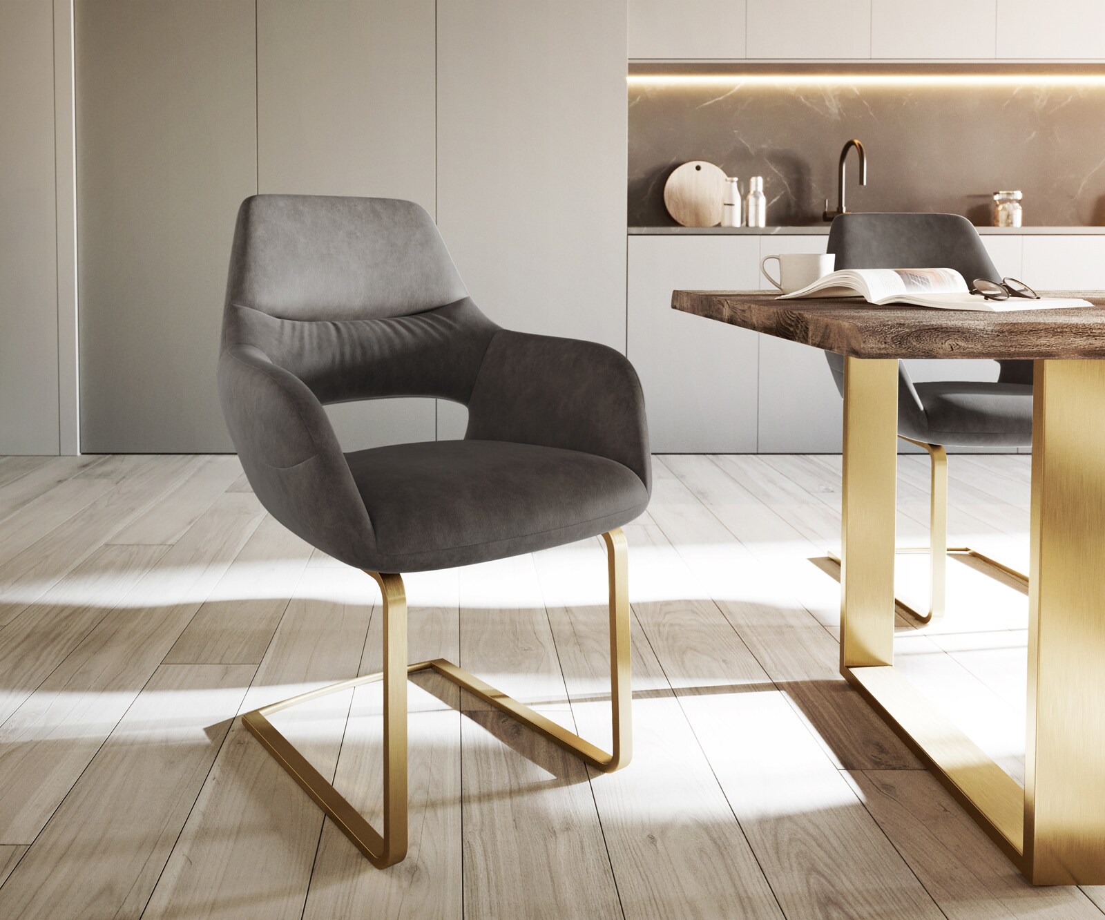 Люлеещ стол с подлакътници Антрацит Винтидж Конзолен крак плосък Злато Yago-Flex