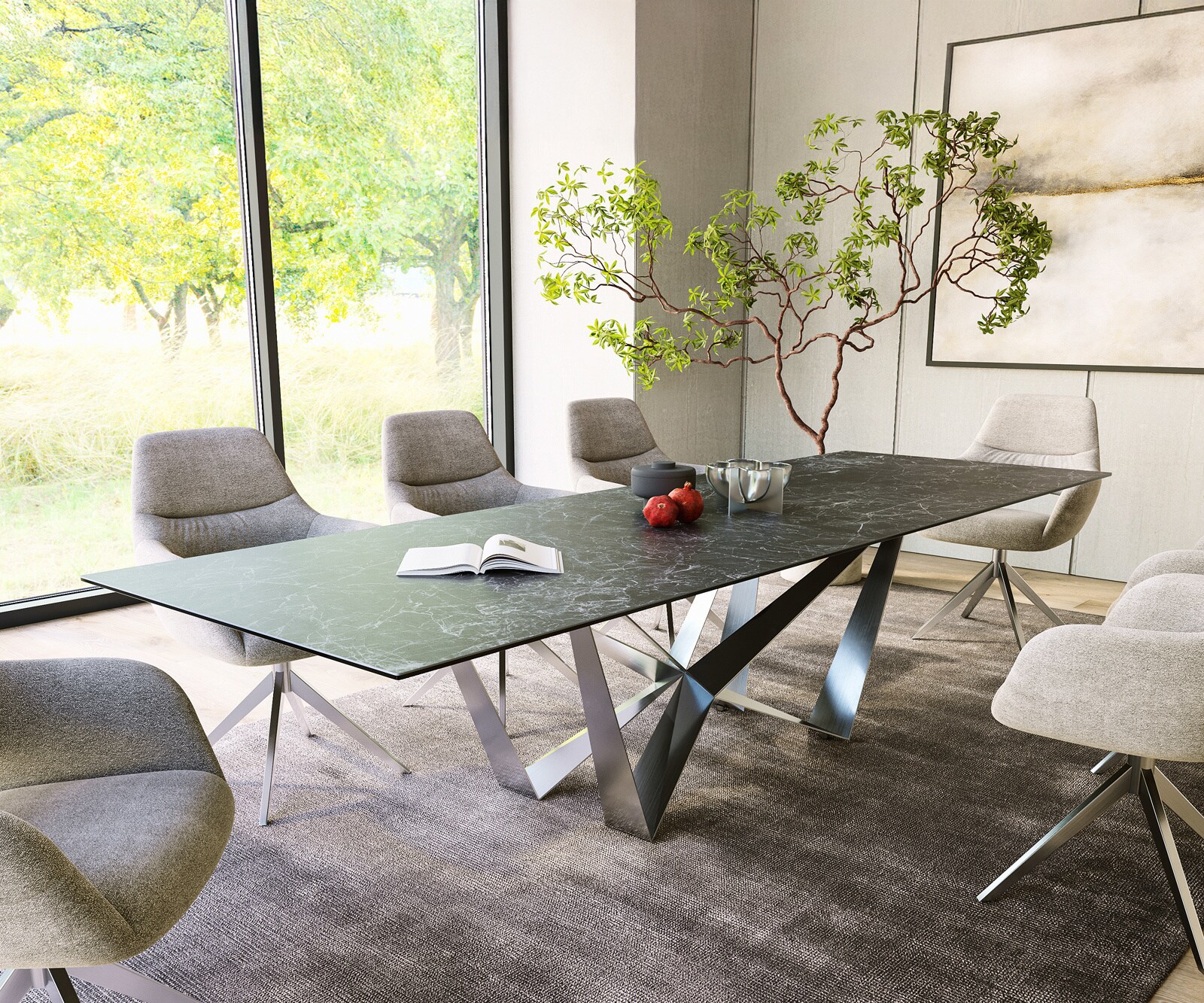 Маса 300x100cm Keramik Laminam®Nero Greco Антрацит Spider плоска стомана Неръждаема стомана Edge