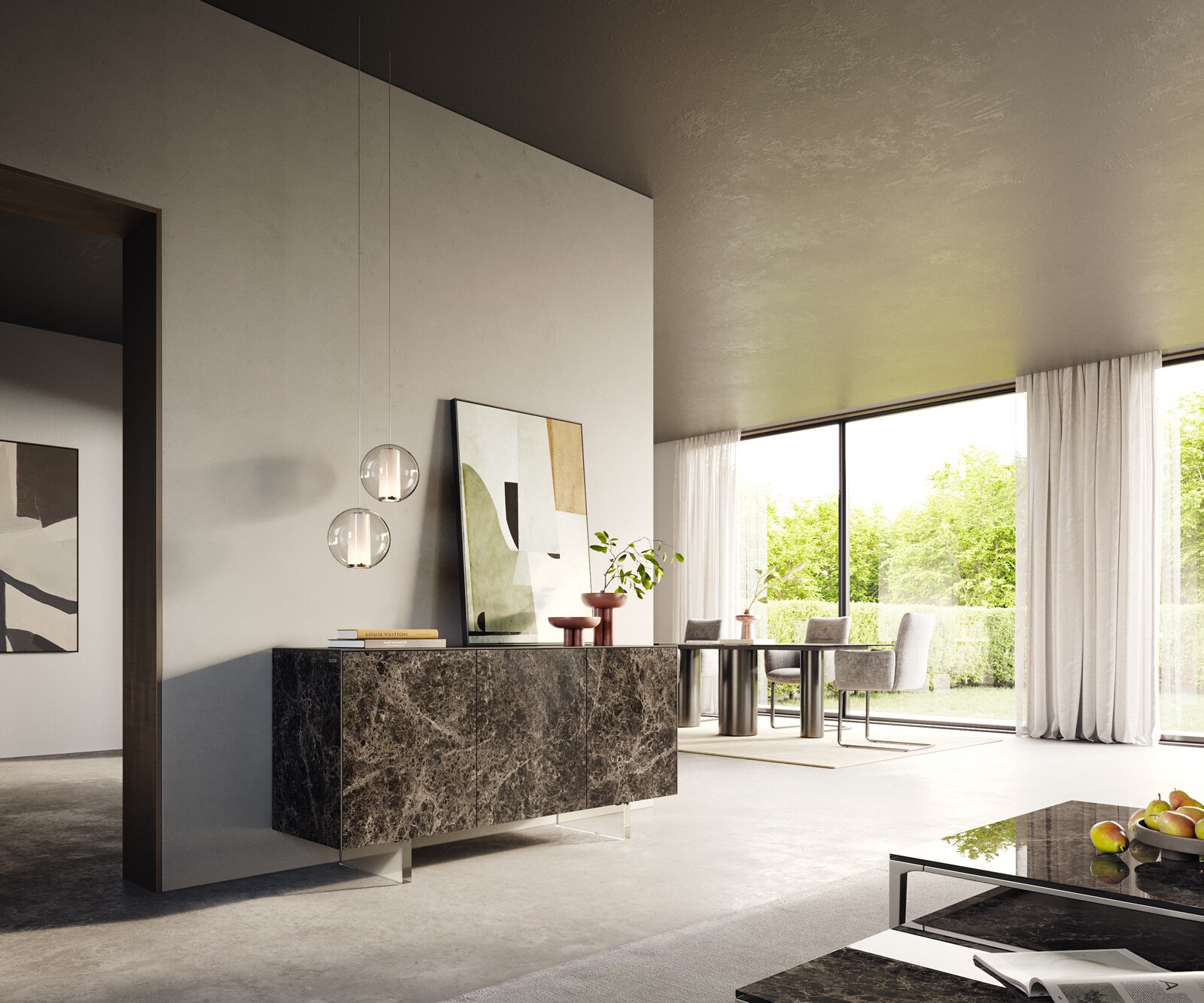 Шкаф Cuor 150 cm Ceramic Laminam® Emperador Extra Lucidato Тъмно кафяво 3 врати Foot Плаващ вид акрилно стъкло 7