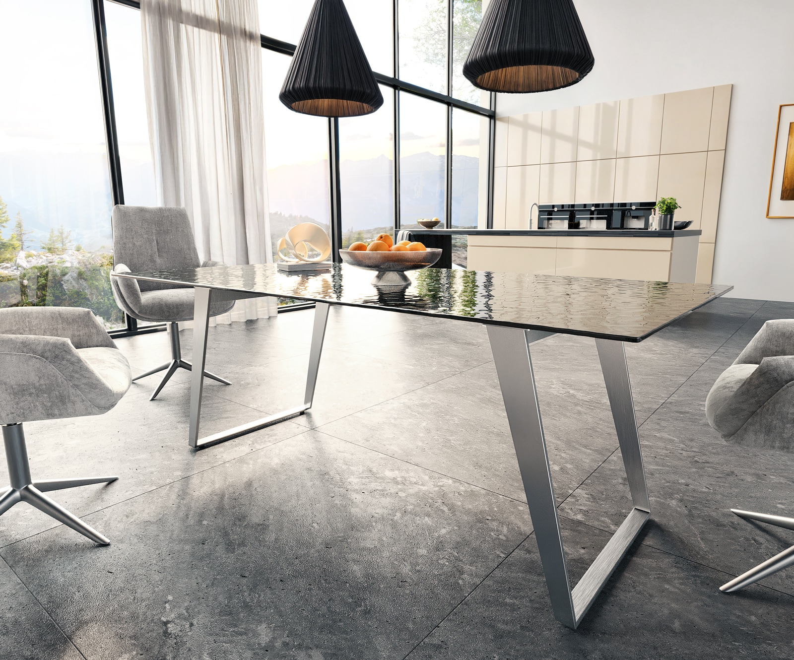 Трапезна маса Edge 200x100 Relief стъкло опушено черно 3D дизайн неръждаема стомана под ъгъл 3 Трапезна маса Edge 200x100 Relief стъкло опушено черно 3D дизайн неръждаема стомана под ъгъл 3