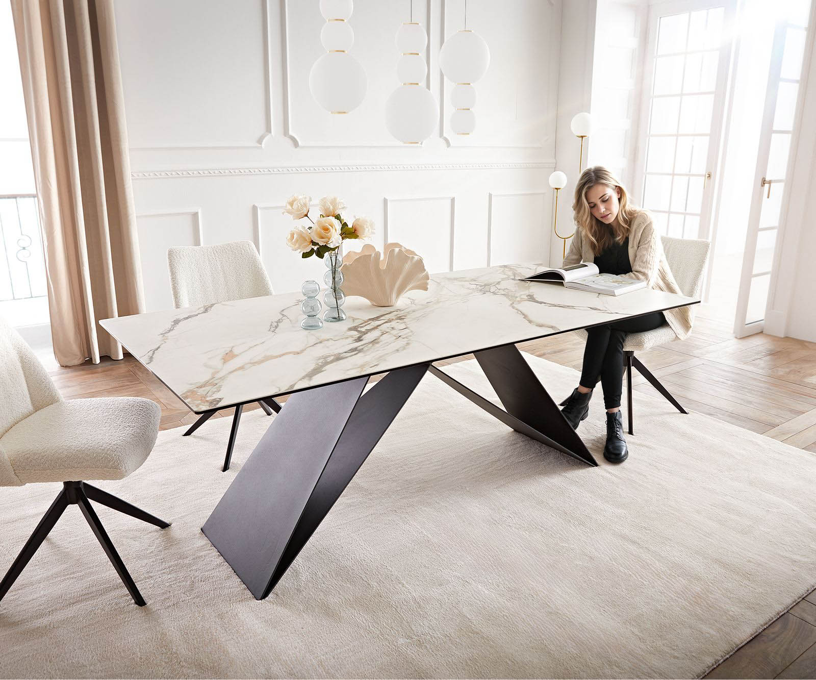 Маса 200x100 Keramik Calacatta Luxe Бял-Злато-Сив V-Рамка плоска стомана Черен Edge 1