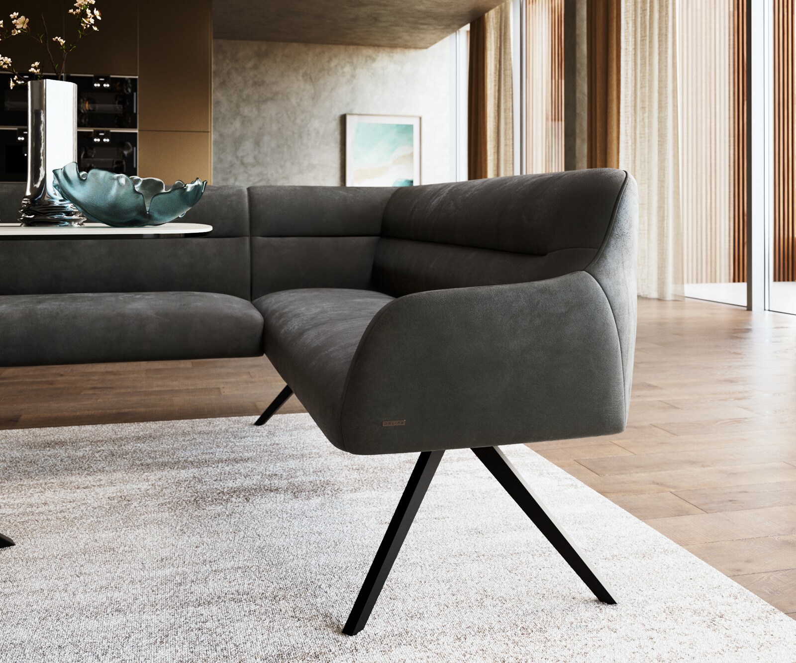 Трапезна пейка Taya-Flex 285x190 см, микрофибър, антрацит, винтидж, кръстосана рамка с остри ръбове, черна, с джобови пружини, лява страна 5