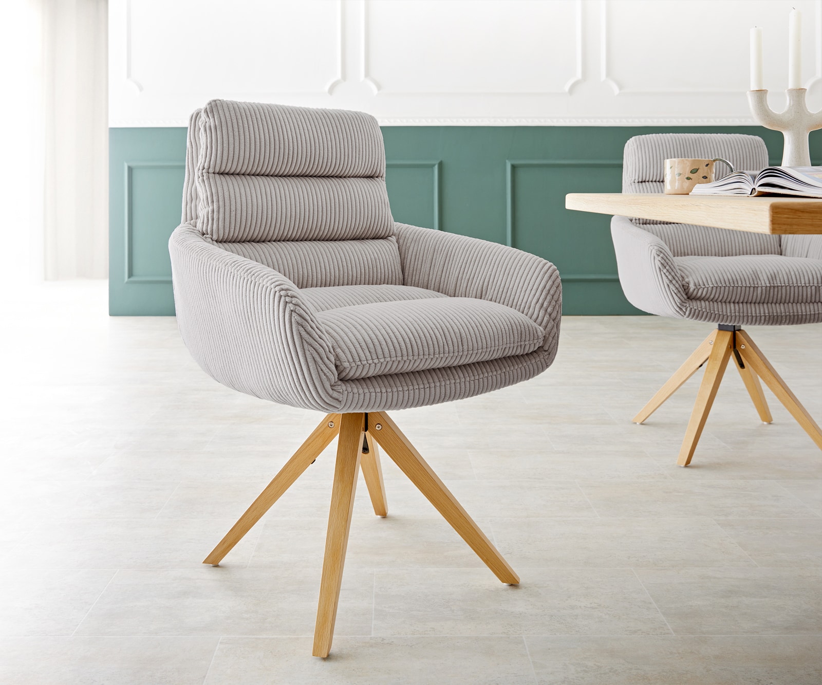 Врътящ се стол с подлакътници Корд СребристСив Дървена рамка  180° въртящ се Abelia-Flex Врътящ се стол с подлакътници Корд СребристСив Дървена рамка  180° въртящ се Abelia-Flex