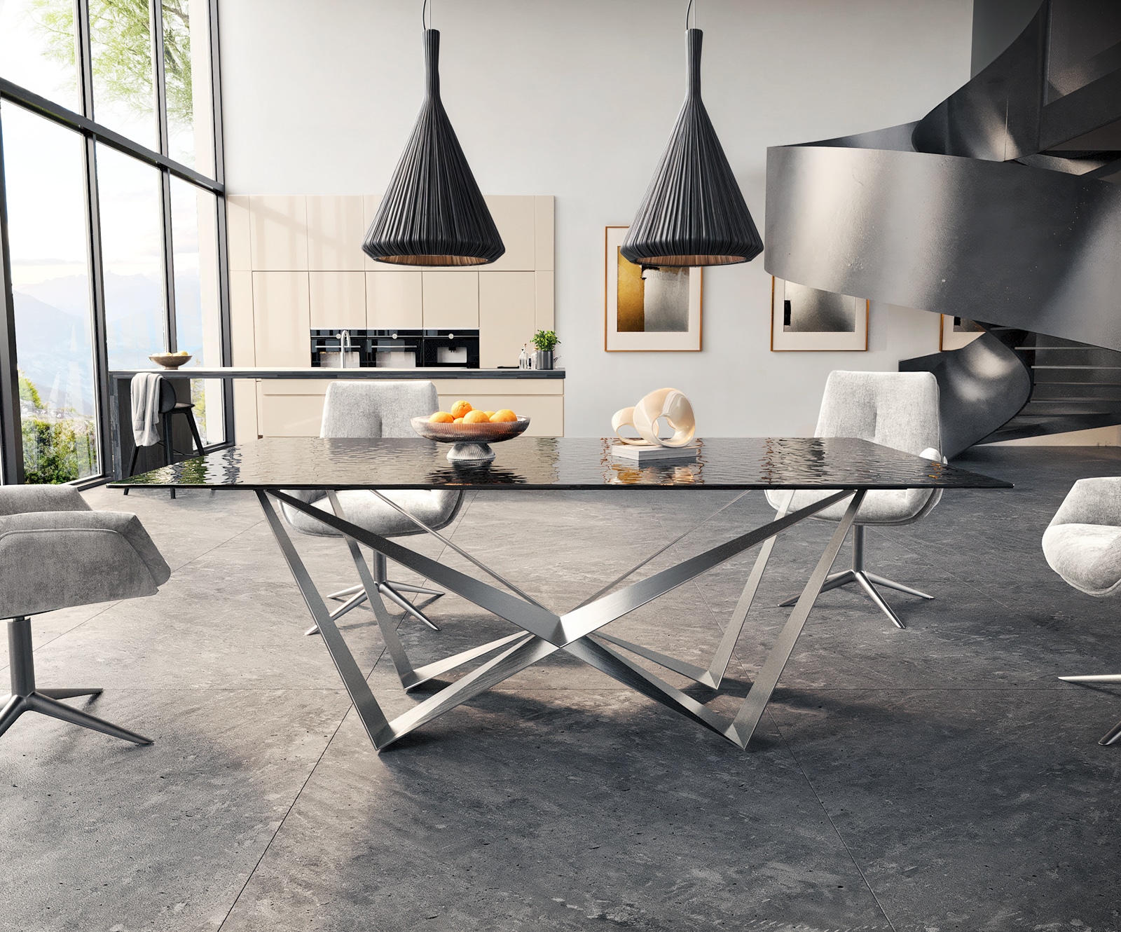 Edge трапезна маса 200x100 Relief стъкло опушено черно 3D дизайн Spider плоска стомана неръждаема стомана 1 Edge трапезна маса 200x100 Relief стъкло опушено черно 3D дизайн Spider плоска стомана неръждаема стомана 1