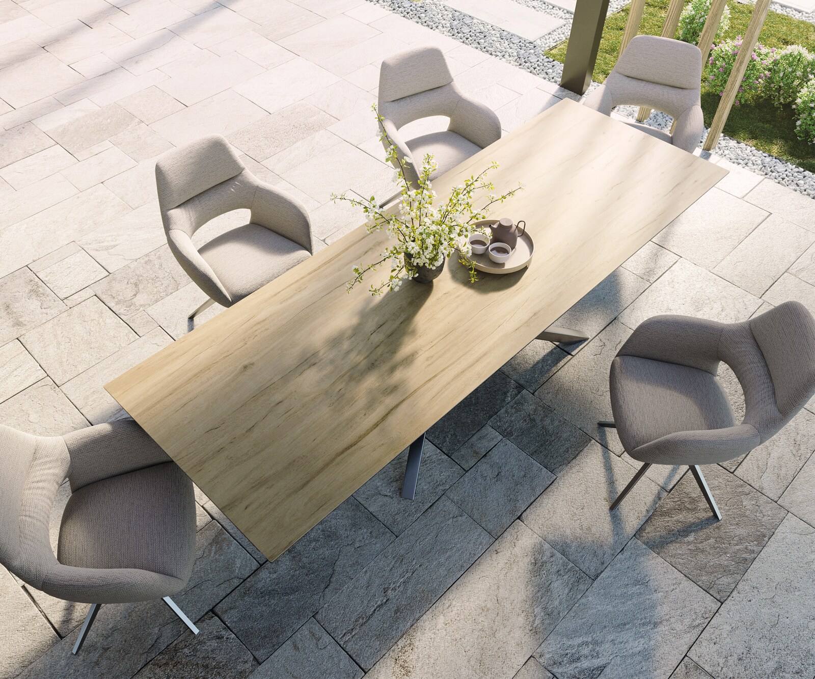 Луксозна външна маса Edge 300x100 см, керамичен правоъгален плот Laminam ®, Кръстовидна основа,  Пясъчен дъб/Сребристосив 3