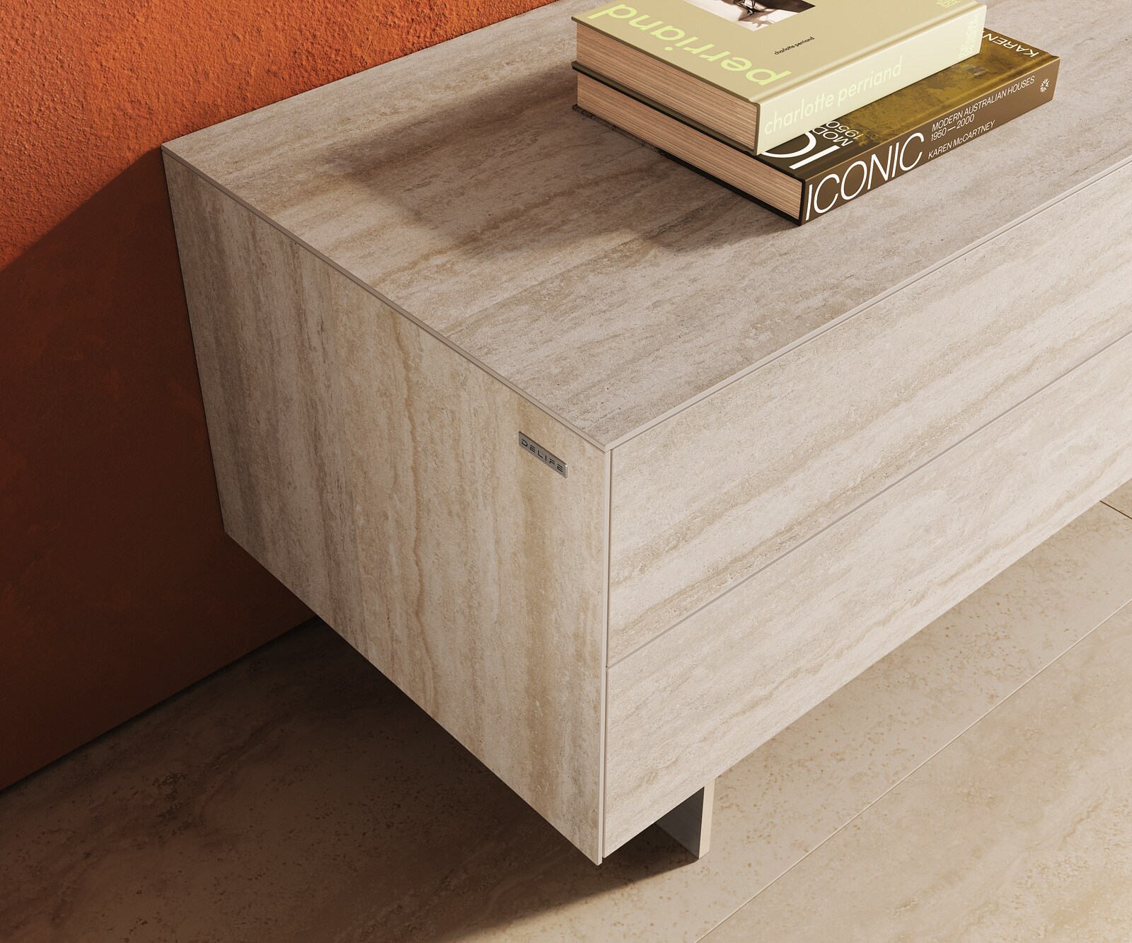 Ниска дъска Cuor 180 cm Керамичен ламинат® Travertino Bianco Крем-бяло 1 клапа 2 чекмеджета Основа Плаващ вид неръждаема стомана 6