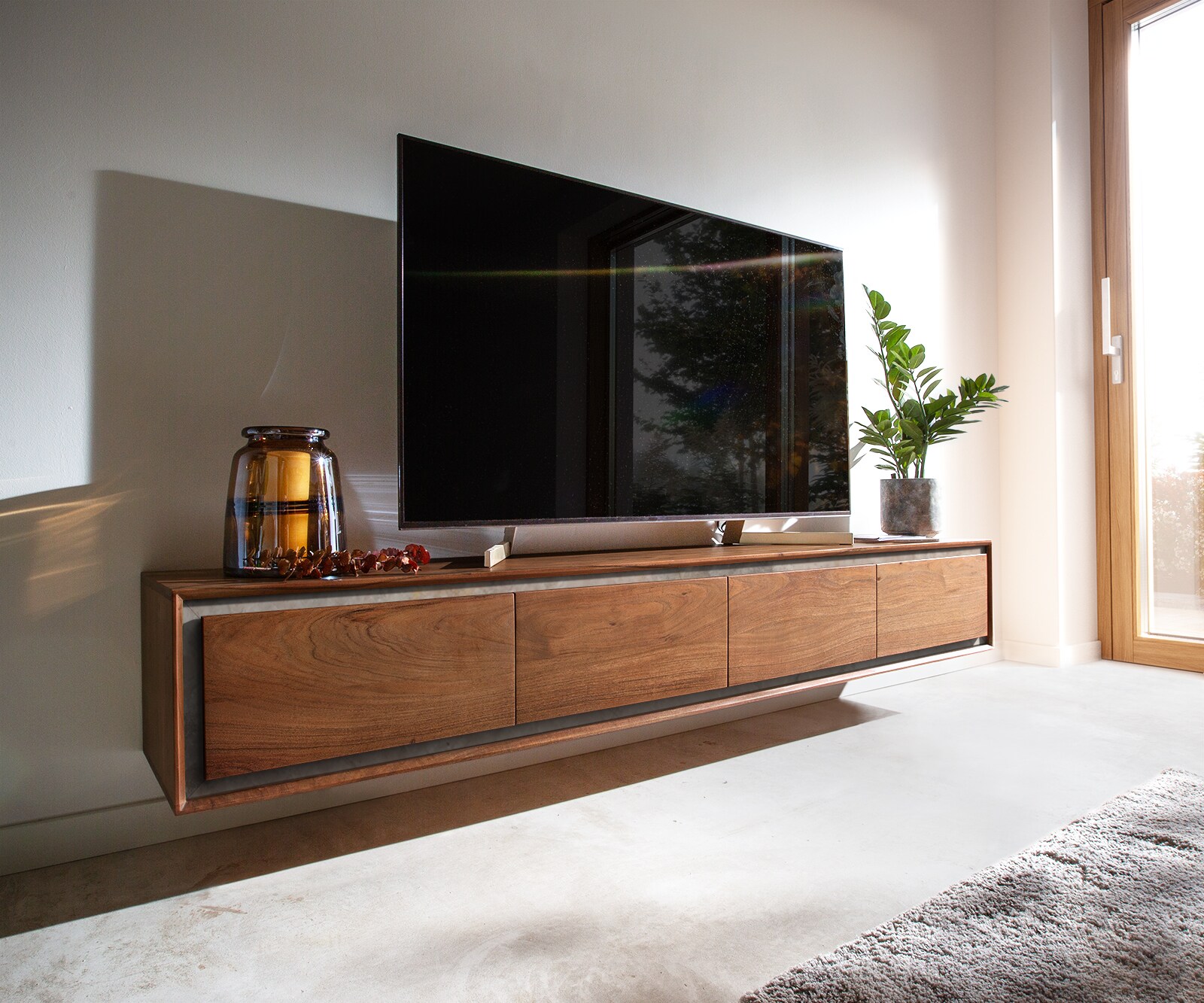 ТВ шкаф 200 cm Акация Кафяв каменен фурнир 4 Врати висящ Stonegrace