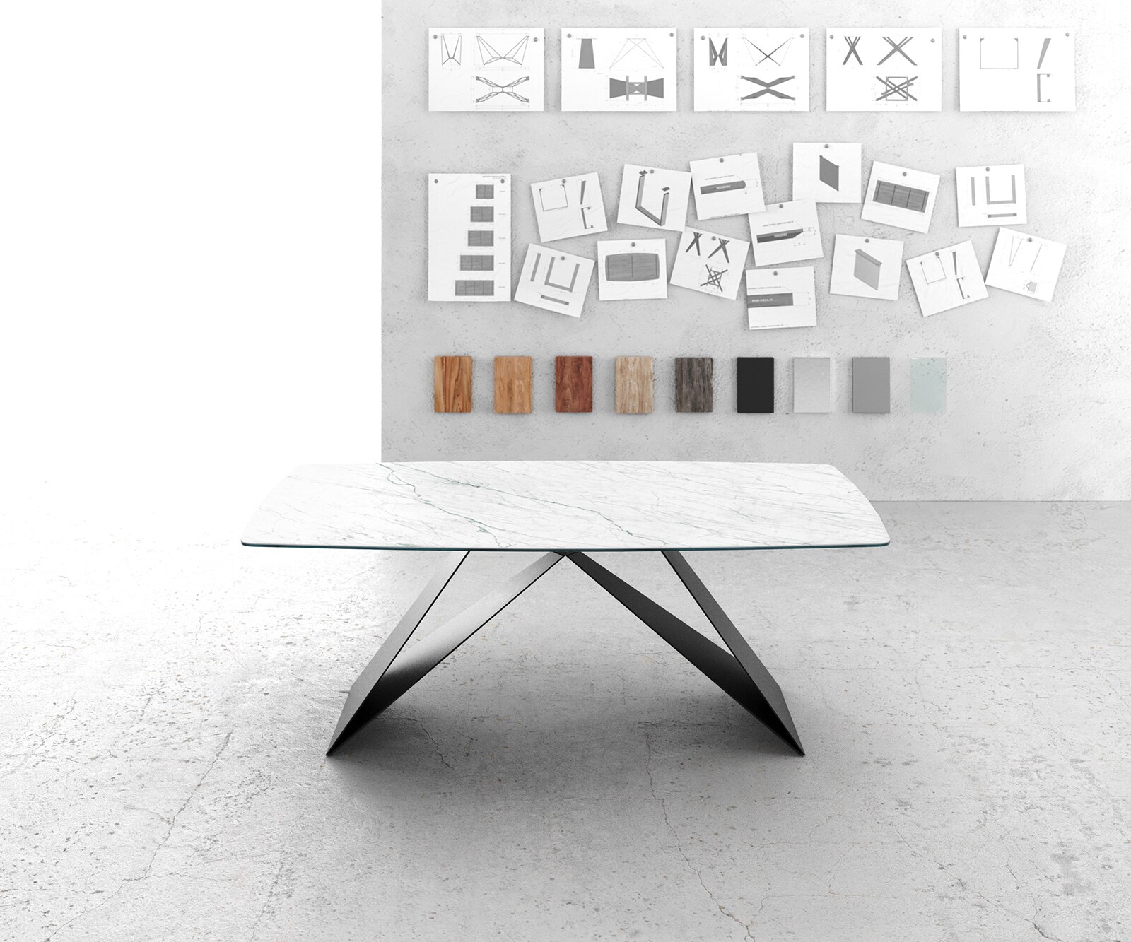 Маса Bootsform 200x100cm Keramik Laminam®Statuarietto Бял V-среден крак Черен Edge 2