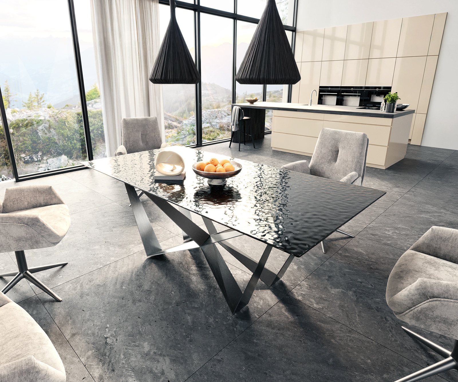 Edge трапезна маса 200x100 Relief стъкло опушено черно 3D дизайн Spider плоска стомана неръждаема стомана Edge трапезна маса 200x100 Relief стъкло опушено черно 3D дизайн Spider плоска стомана неръждаема стомана