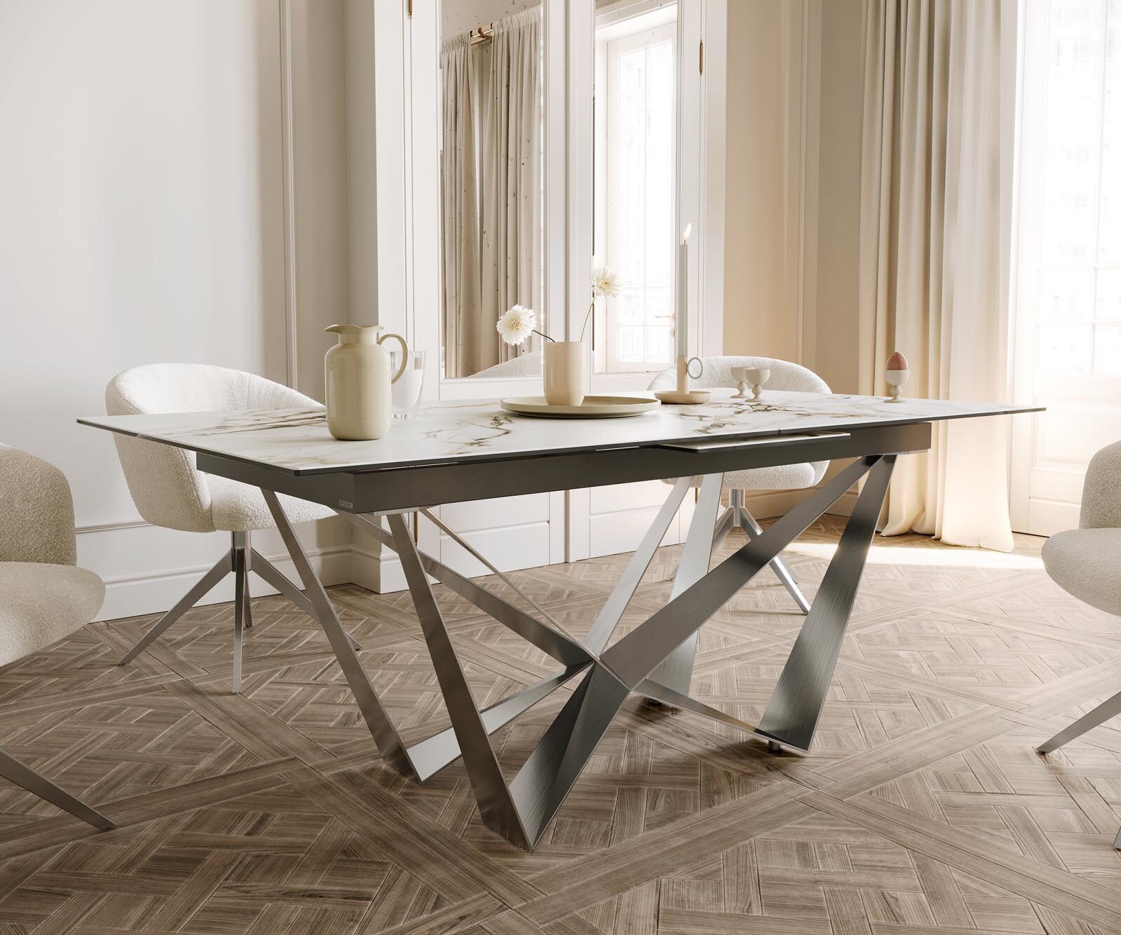 Разтегателна трапезна маса Edge 180-220x100 см Керамика Calacatta Luxe бяло-златисто-сиво Spider основа сребриста 5