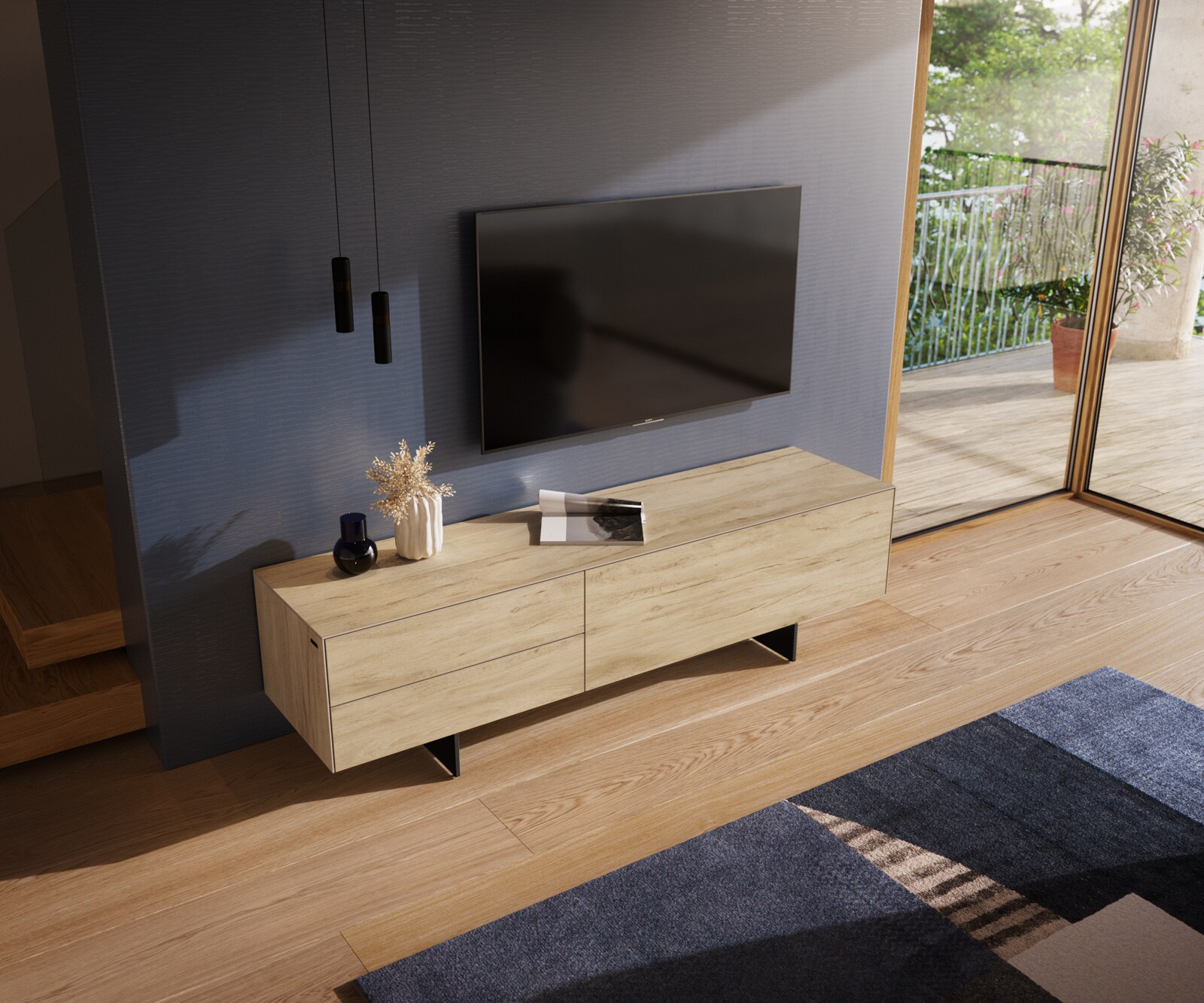 Ниска дъска Cuor 180 см Керамичен ламинат® Sabbia Дъбов цвят 1 клапа 2 чекмеджета Основа Окачен вид Метал Черен 4