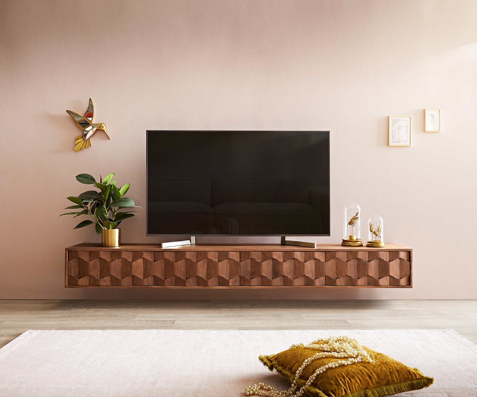 ТВ шкаф за стена Fevo 220 cm Масив Акация, 4 Врати, Кафяв 1