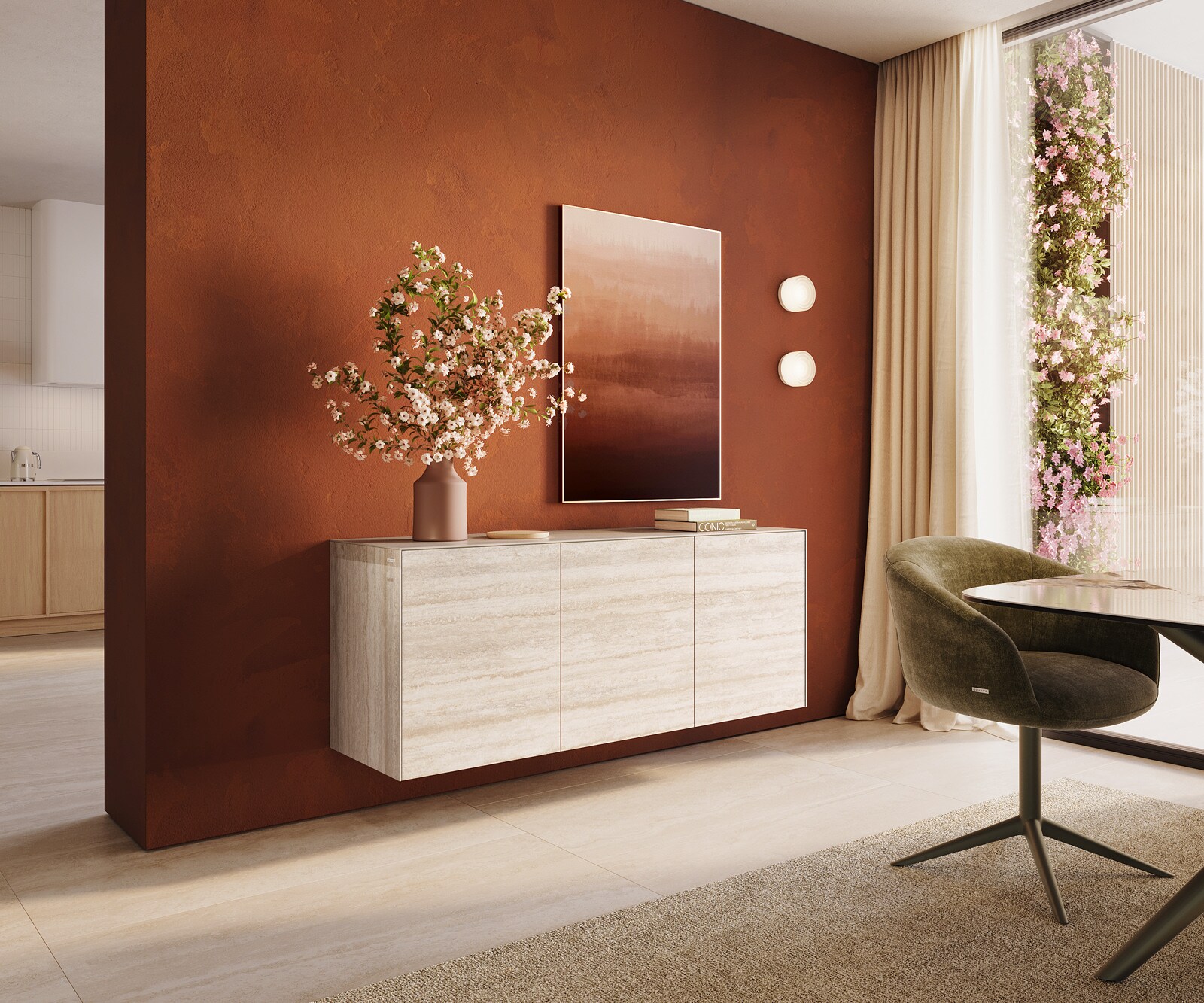 Стенен бюфет Cuor 150 см Керамика Laminam® Travertino Bianco Крем-бяло 3 врати
