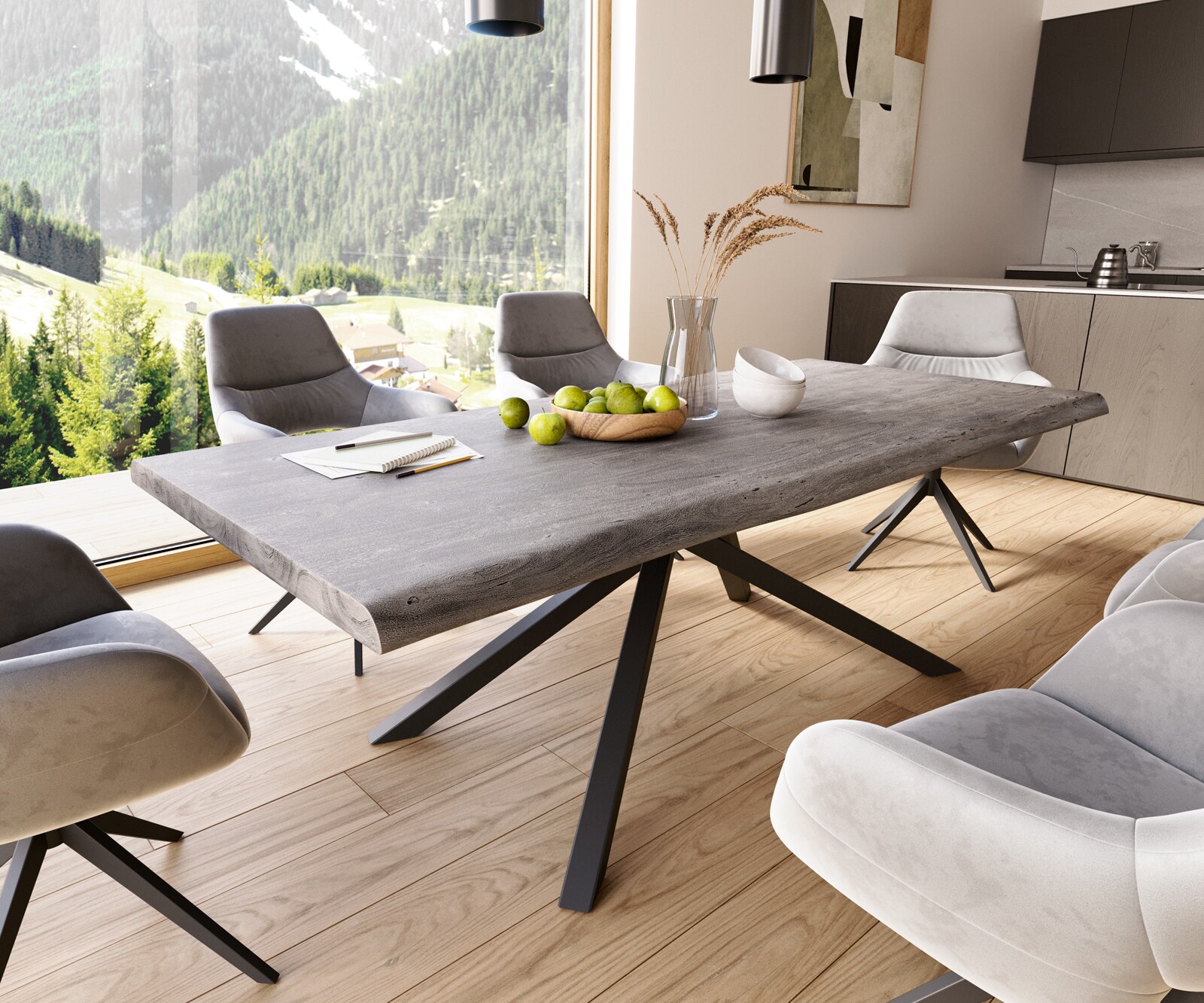 Трапезна маса Edge 220x100 XL от акация, платинен цвят, кръстообразна конструкция, правоъгълна, черна, с естествени ръбове