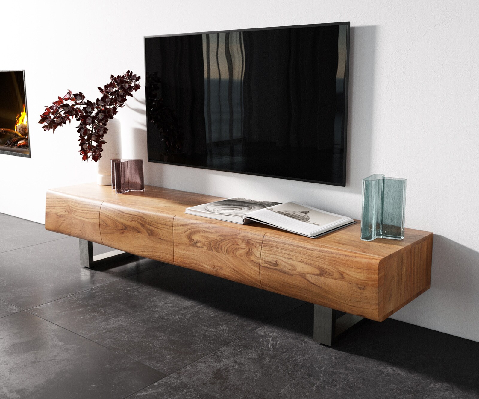 Нисък шкаф New Live-Edge 175 см, естествена акация, 4 вратички, матирана неръждаема стомана