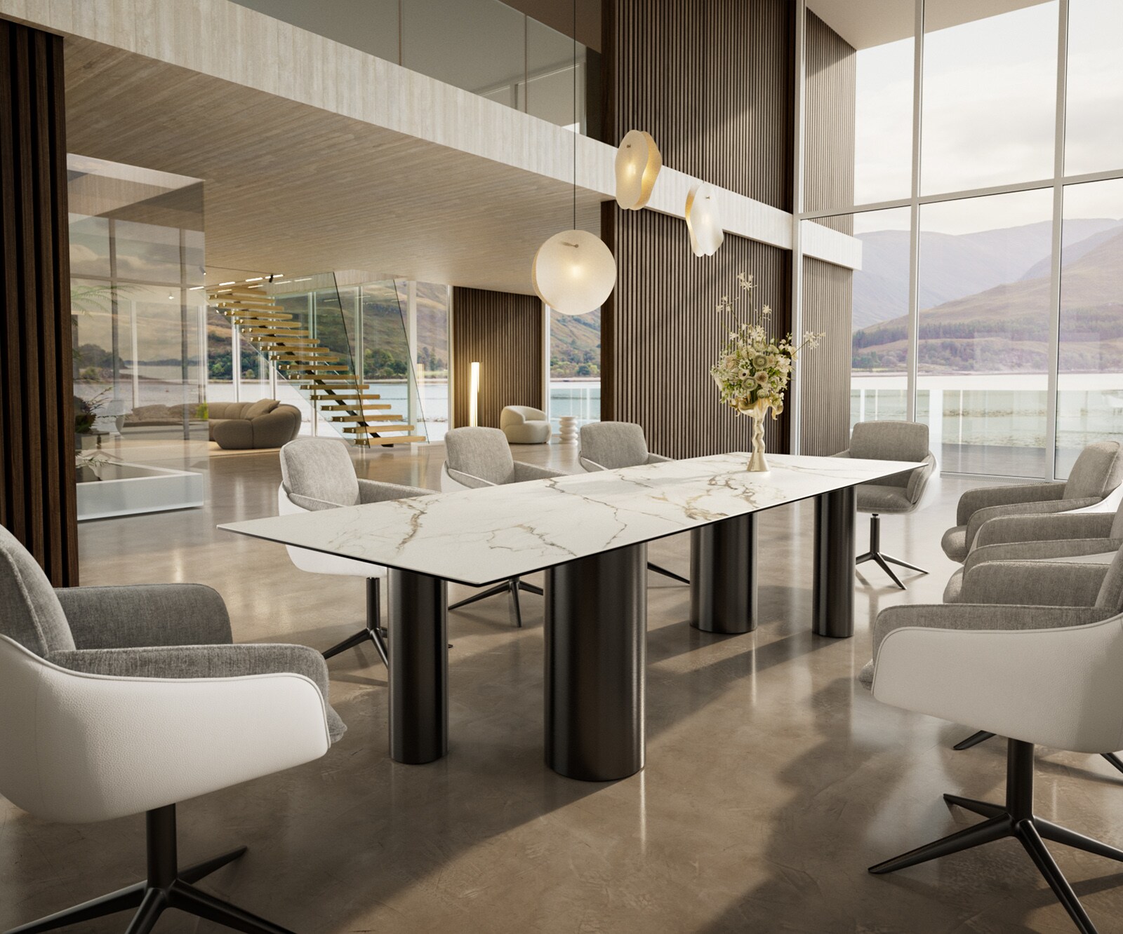 Трапезна маса Edge 300x100, керамика Calacatta Luxe (бяло-златно-сиво), Pilier от неръждаема стомана, графит 6