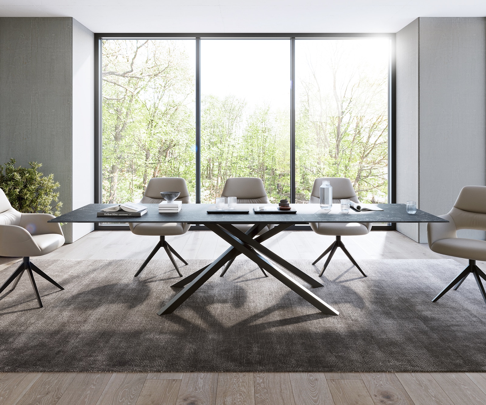 Маса 300x100cm Keramik Laminam®Nero Greco Антрацит среден крак Кръст Черен Edge 2