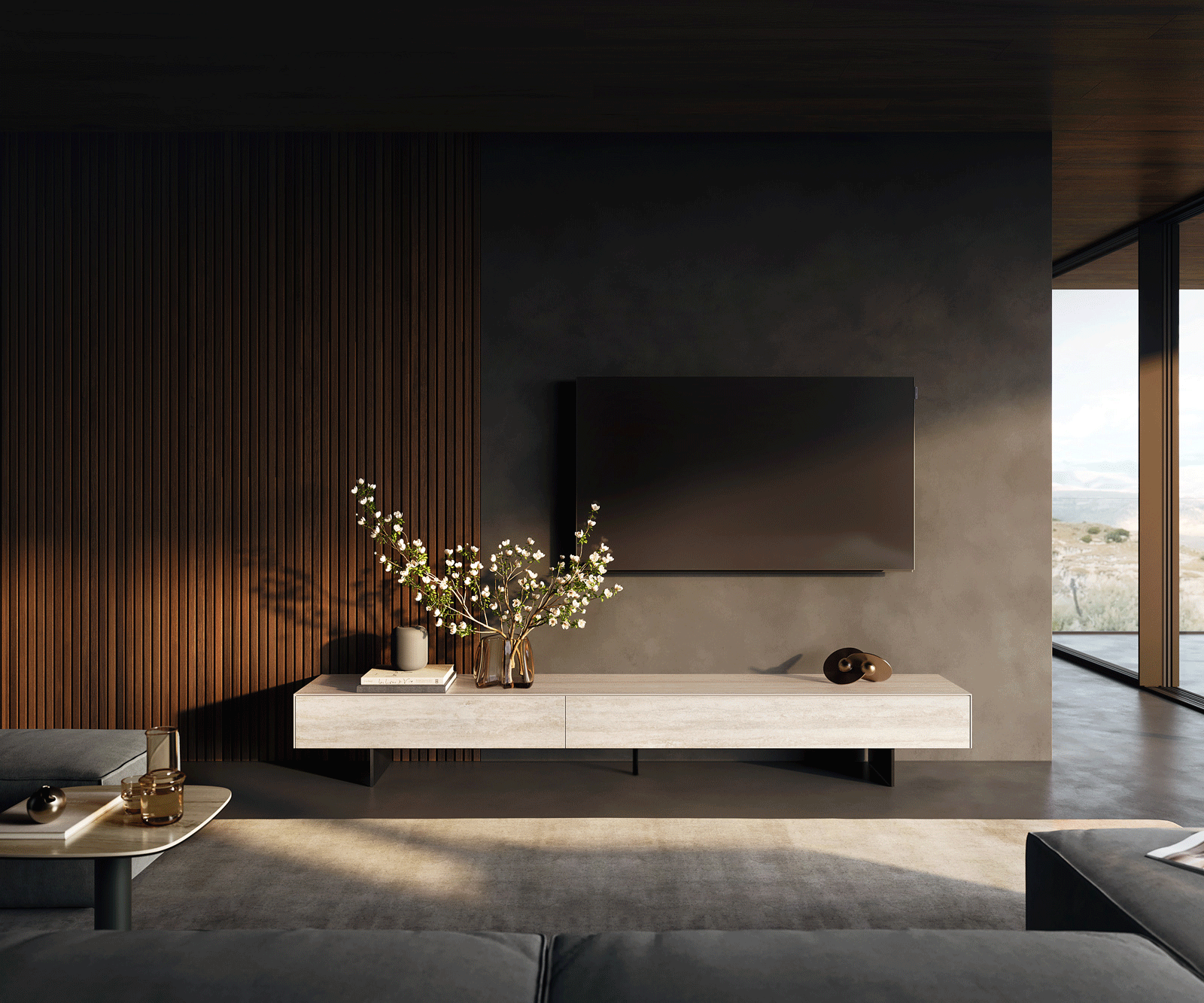 ТВ шкаф Cuor 250 см Керамика Laminam® Travertino Bianco Крем-бяло 1 врата  1 чекмедже Основа Метал Черен 2