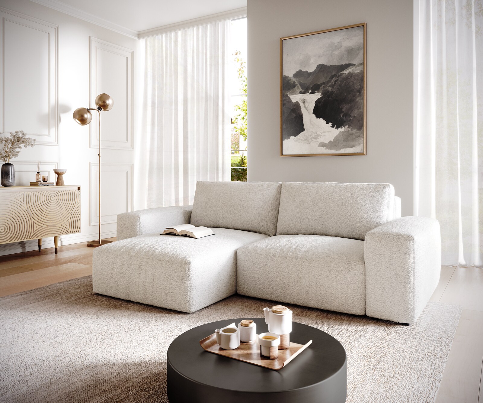 Ъглов диван L 260x160 cm Букле Крем-Бял Варианти лежанка Lanzo