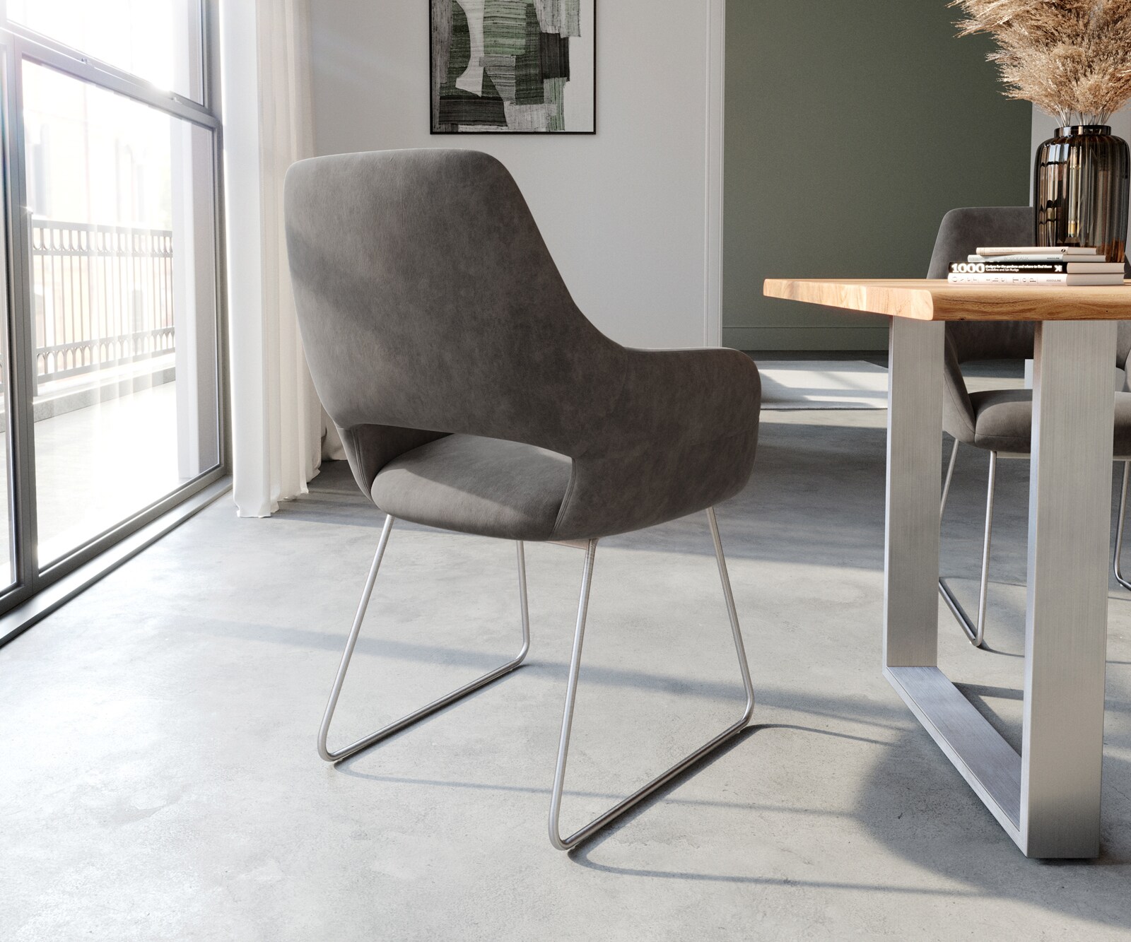 Стол с подлакътници Антрацит Винтидж Извити крака Неръждаема стомана Yago-Flex 5