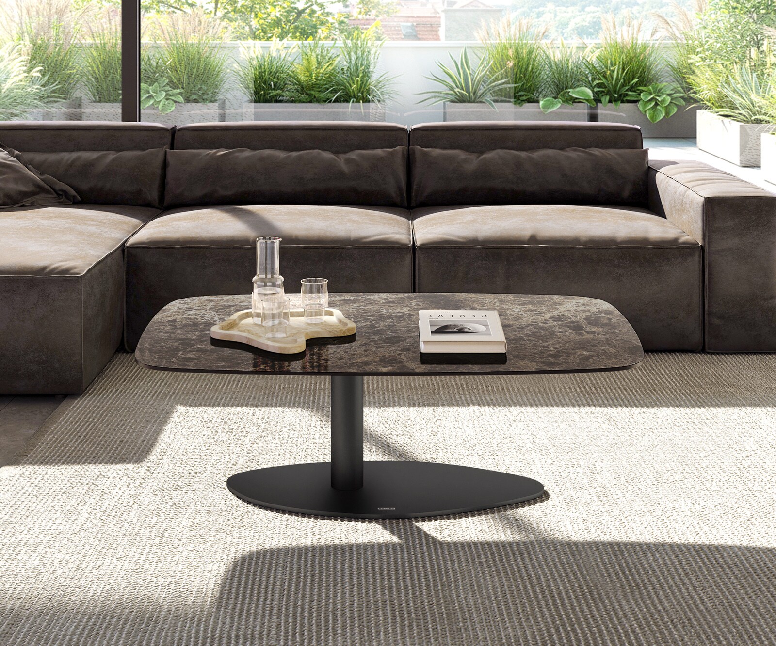 Масичка за кафе Edge Boot 120x70 cm керамика Laminam® Emperador Extra Lucidato тъмнокафяво Vibany Metal Black 1