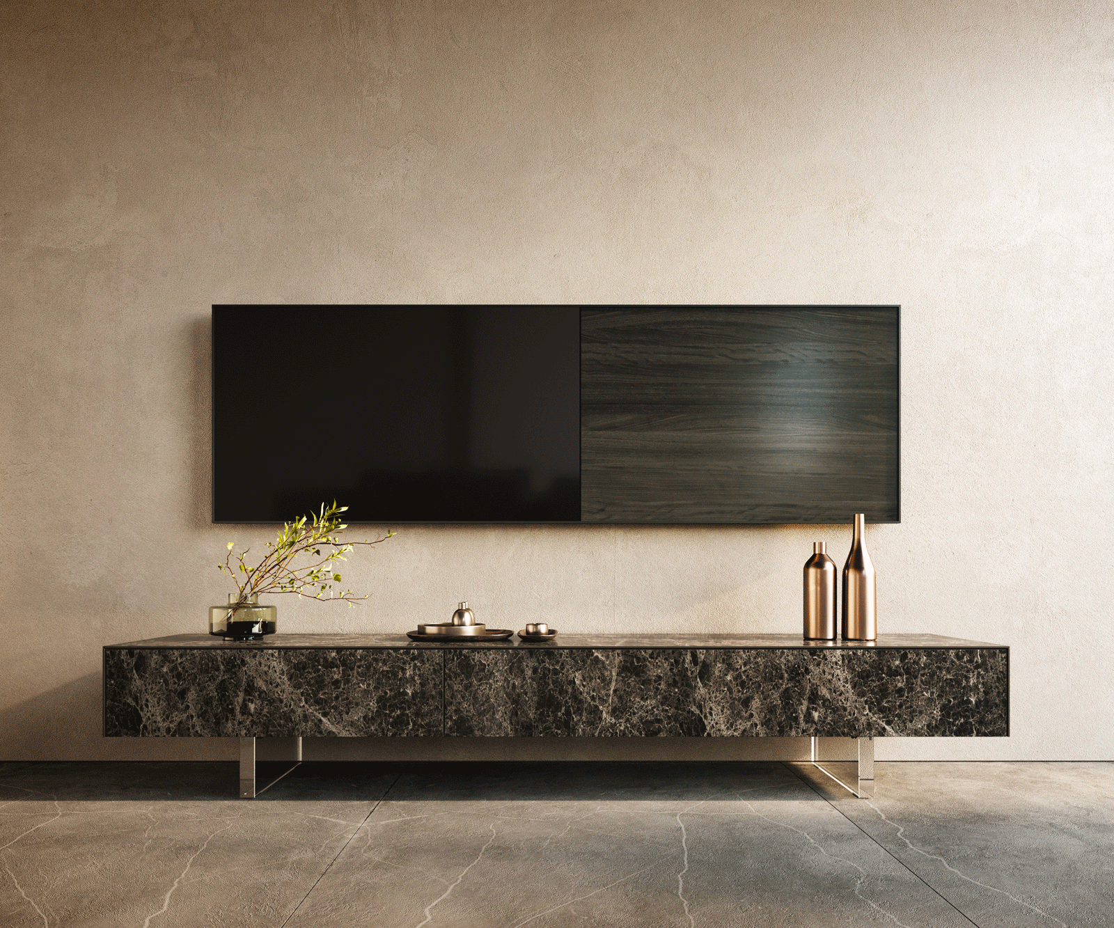 Ниска дъска Cuor 200 cm Керамичен ламинат® Emperador Extra Lucidato Тъмно кафяво 1 капак 1 чекмедже Основа Плаващо акрилно стъкло 1