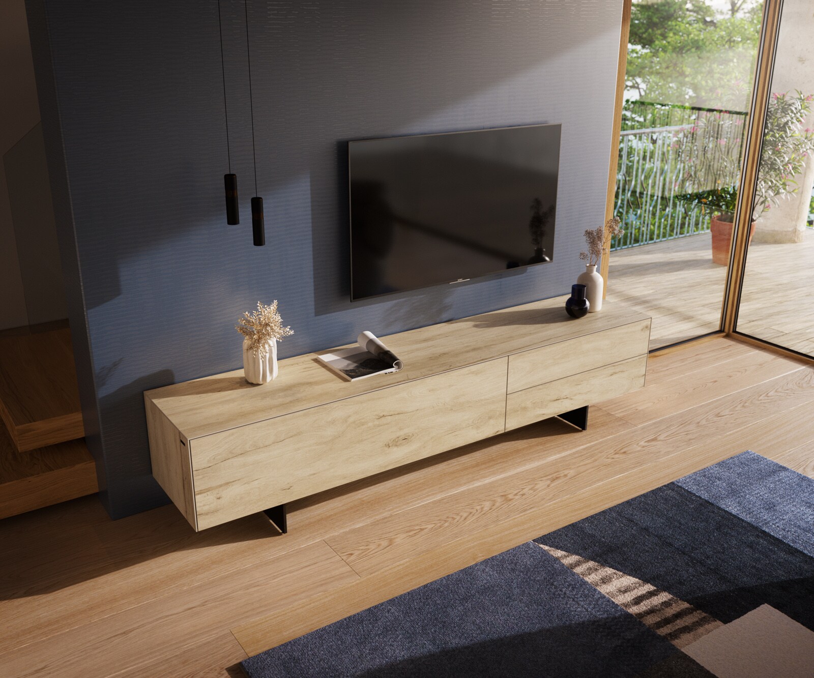 ТВ шкаф Cuor 220 см Керамика Laminam® Sabbia Дъбов цвят 1 врата 2 чекмеджета Основа Метал Черен 4
