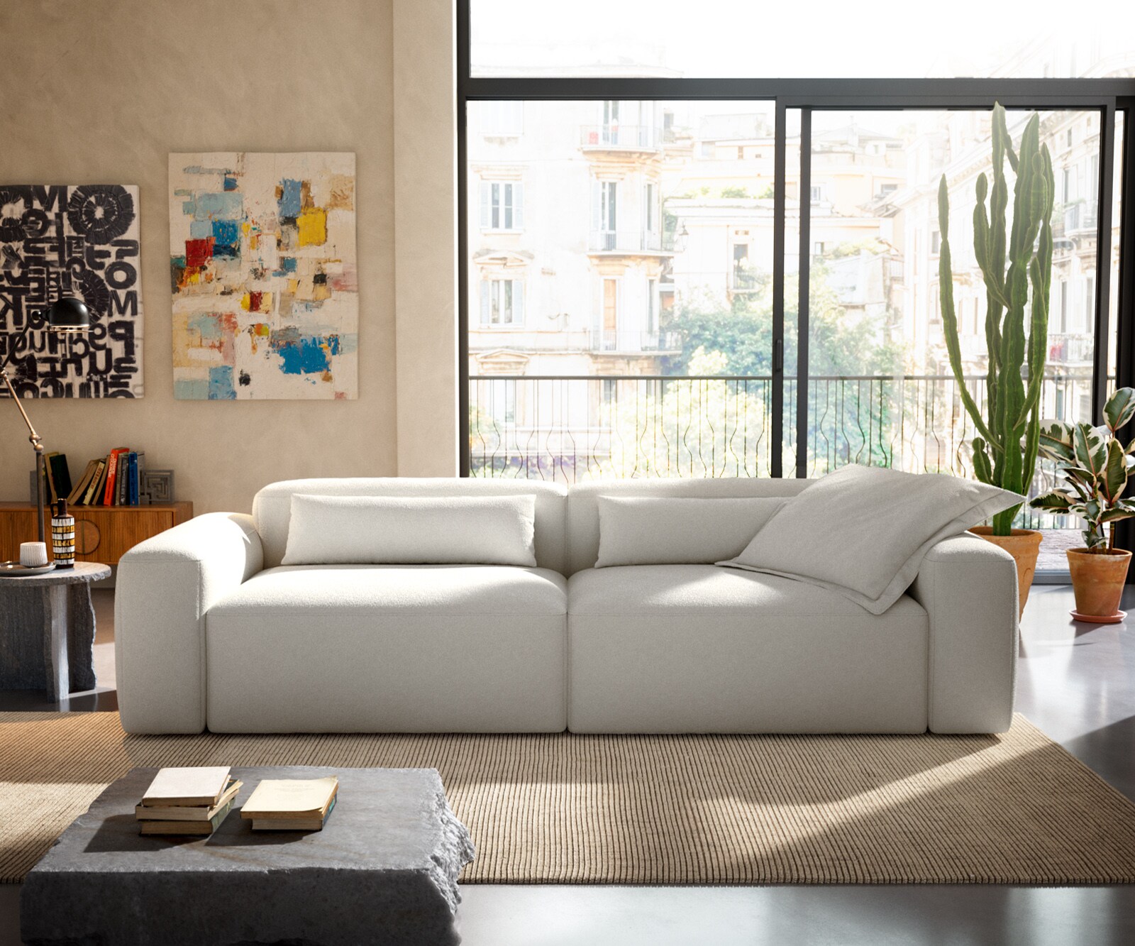 Голям диван Freestyle 280x110 cm Bouclé с кремаво-бели шевове