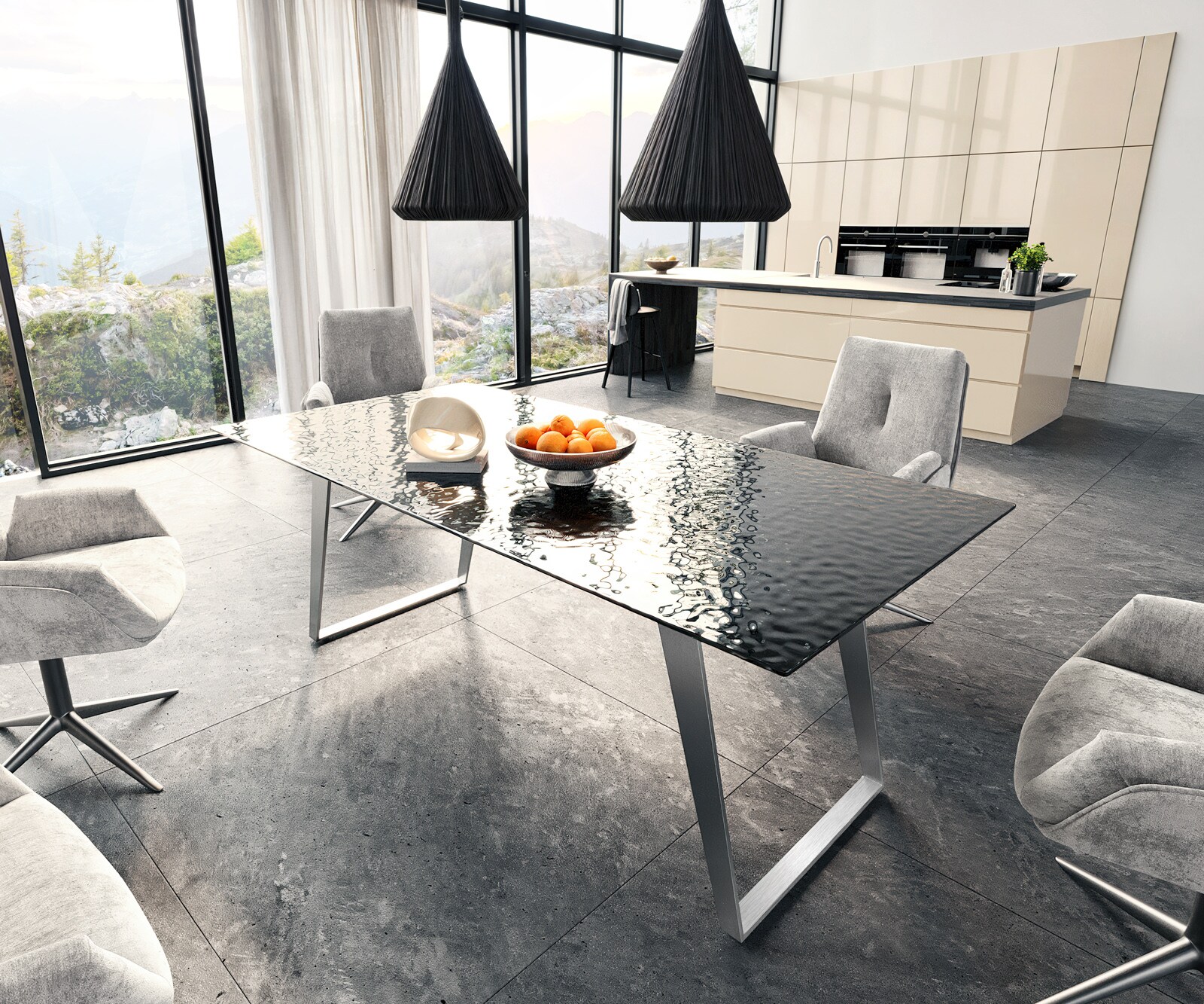 Трапезна маса Edge 200x100 Relief стъкло опушено черно 3D дизайн неръждаема стомана под ъгъл