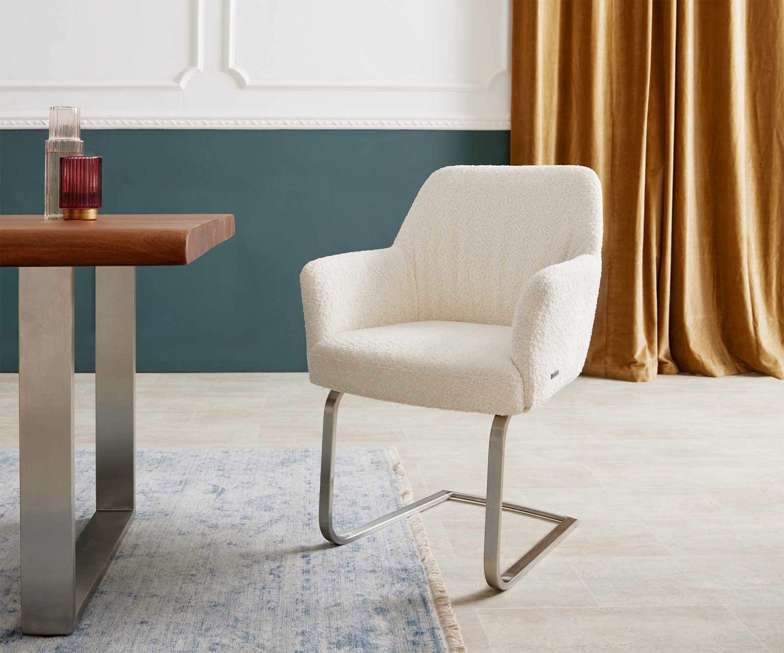 Люлеещ стол с подлакътници Букле Бял Конзолен крак плосък Неръждаема стомана Покет пружина Xana-Flex Люлеещ стол с подлакътници Букле Бял Конзолен крак плосък Неръждаема стомана Покет пружина Xana-Flex