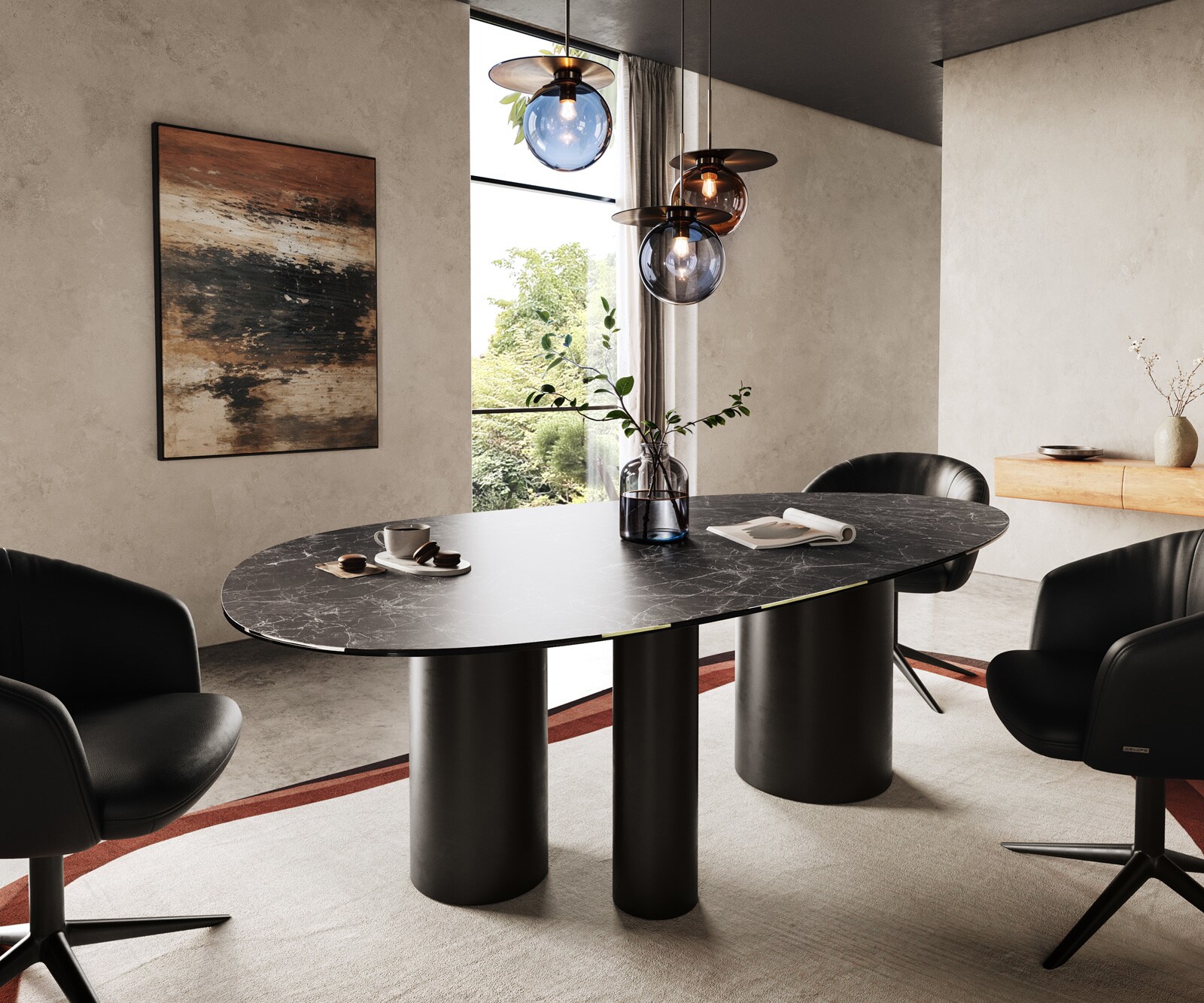 Трапезна маса Edge Oval 220x120, керамика Laminam „®“, „Nero Greco“, „Anthrazit“, „Troa“, метал, черно 1