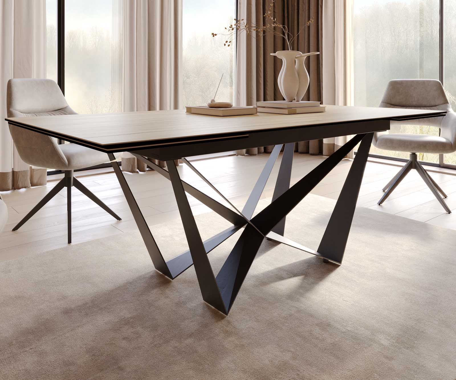 Разтегателна трапезна маса Edge 200-300х100 см Керамика Laminam® Sabbia цвят Дъб Основа стомана тип Spider Черен цвят 6