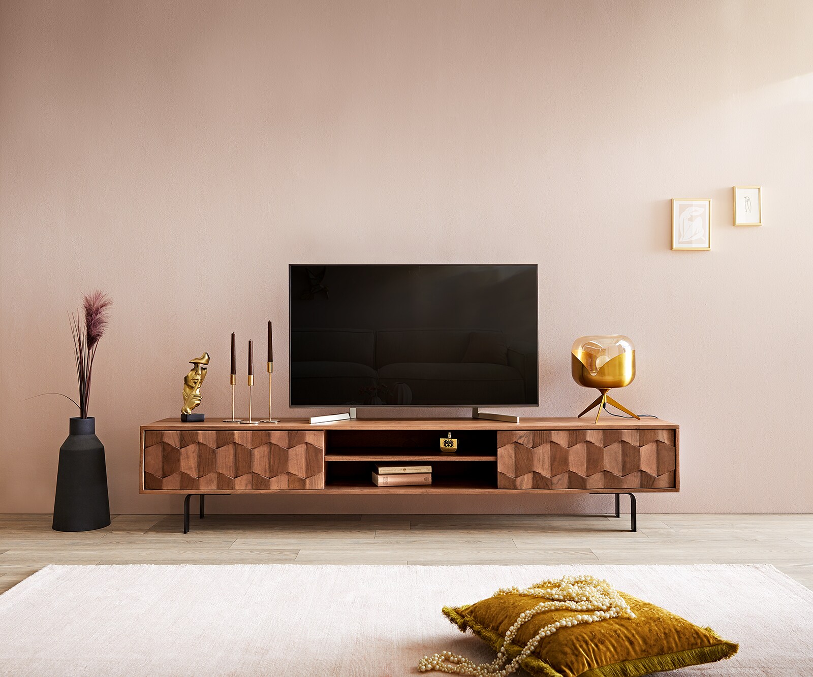 ТВ шкаф Fevo 200 cm Масив Акация, 2 Врати, Г-Крак, Кафяв 1