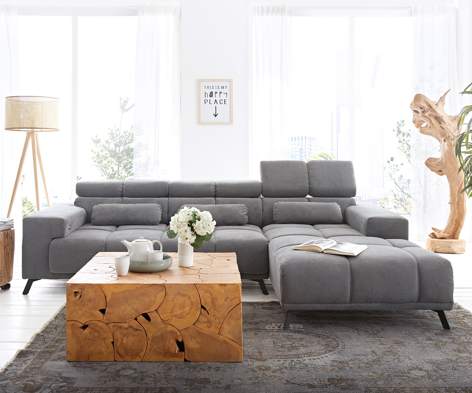 Ъглов диван Ordino 285x200 микрофибър сив османник дясно електрическо регулиране на дълбочината на седалката 1