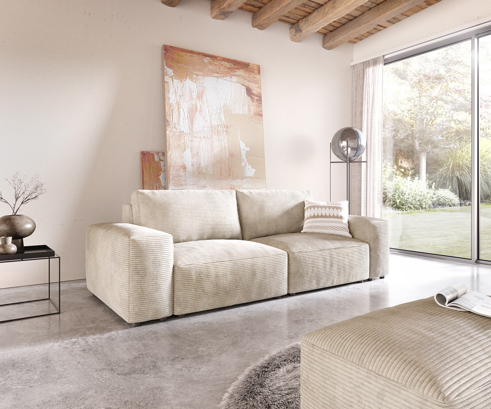 Голям диван Lanzo L 230x95 см Рипс Бежов с табуретка