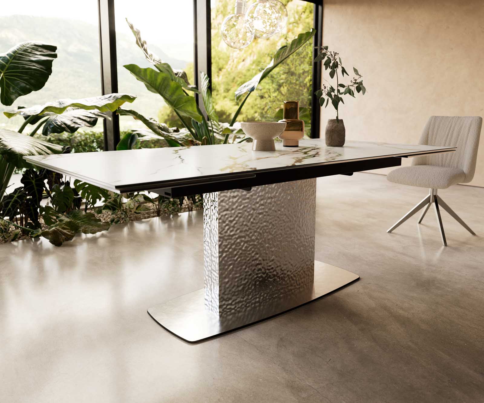 Разтегателна трапезна маса Edge 200-300x100 см Керамика Calacatta Luxe Бял-Злато-Сив Един крак Стоманена основа Сребристосива  6