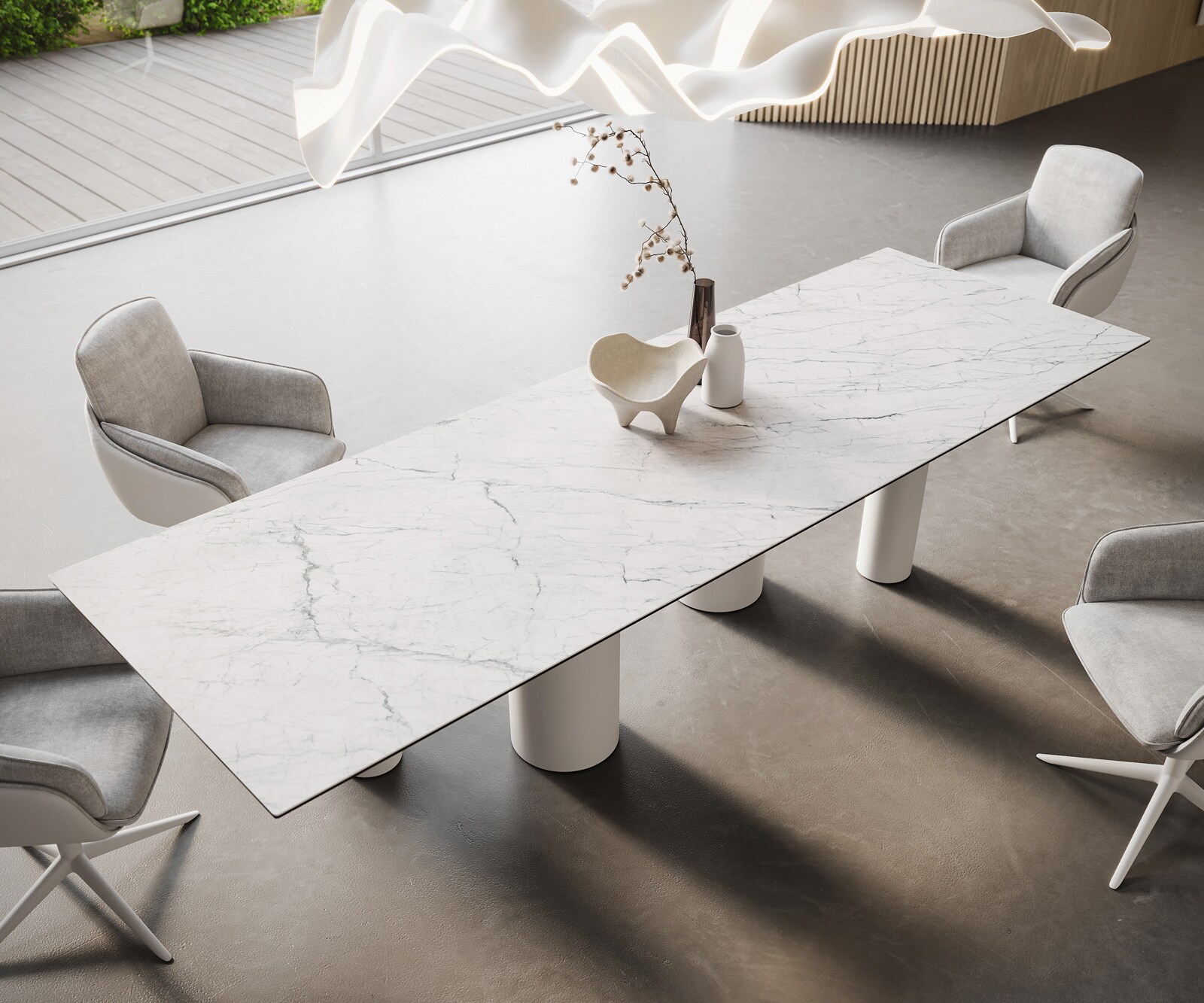 Трапезна маса Edge 300x100, керамика Laminam „®“, Statuarietto бяло, метални колони, бяло 2