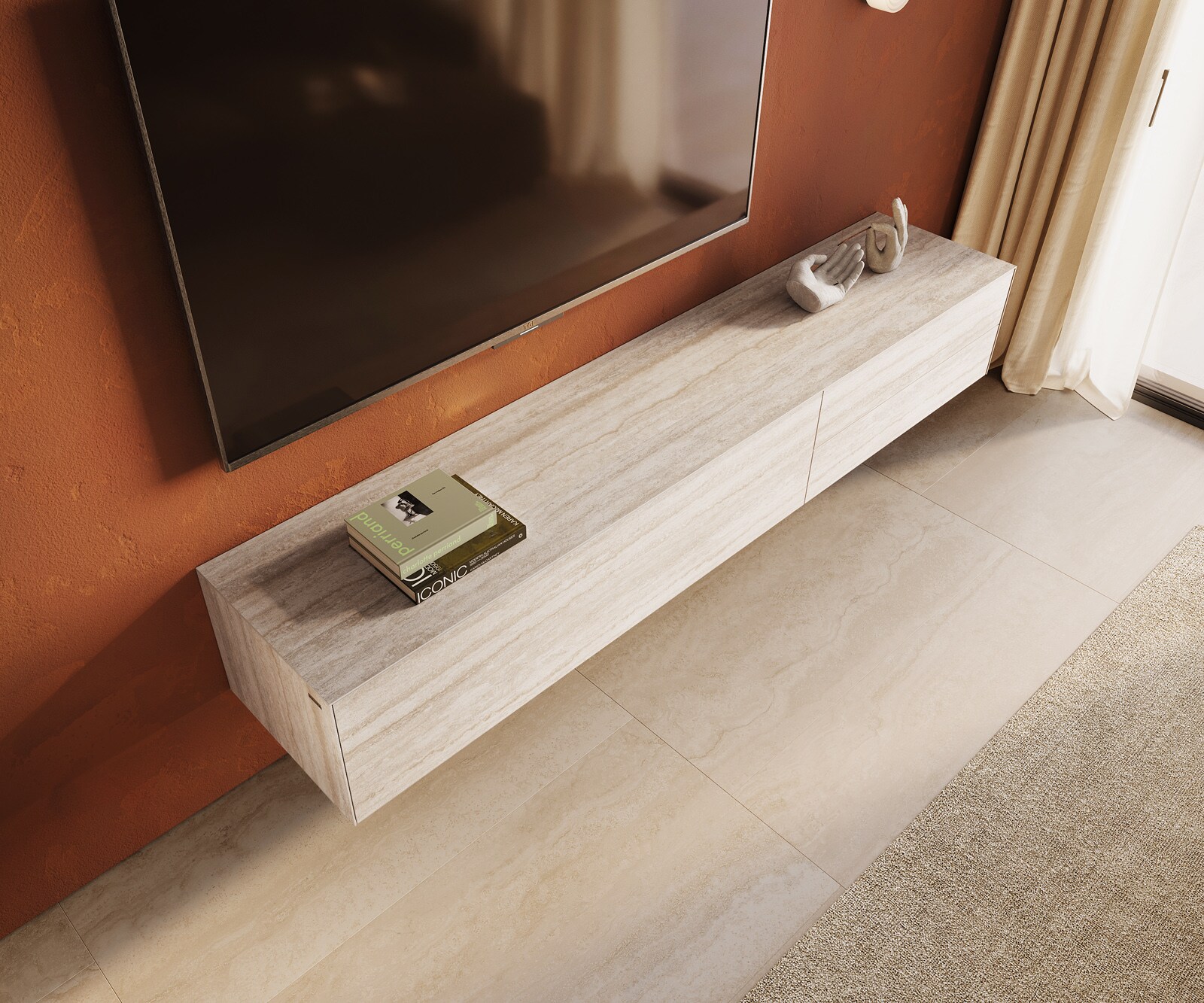 Стенен ТВ шкаф Cuor 220 см Керамика Laminam® Travertino Bianco Крем-бяло 1 врата 2 чекмеджета  3