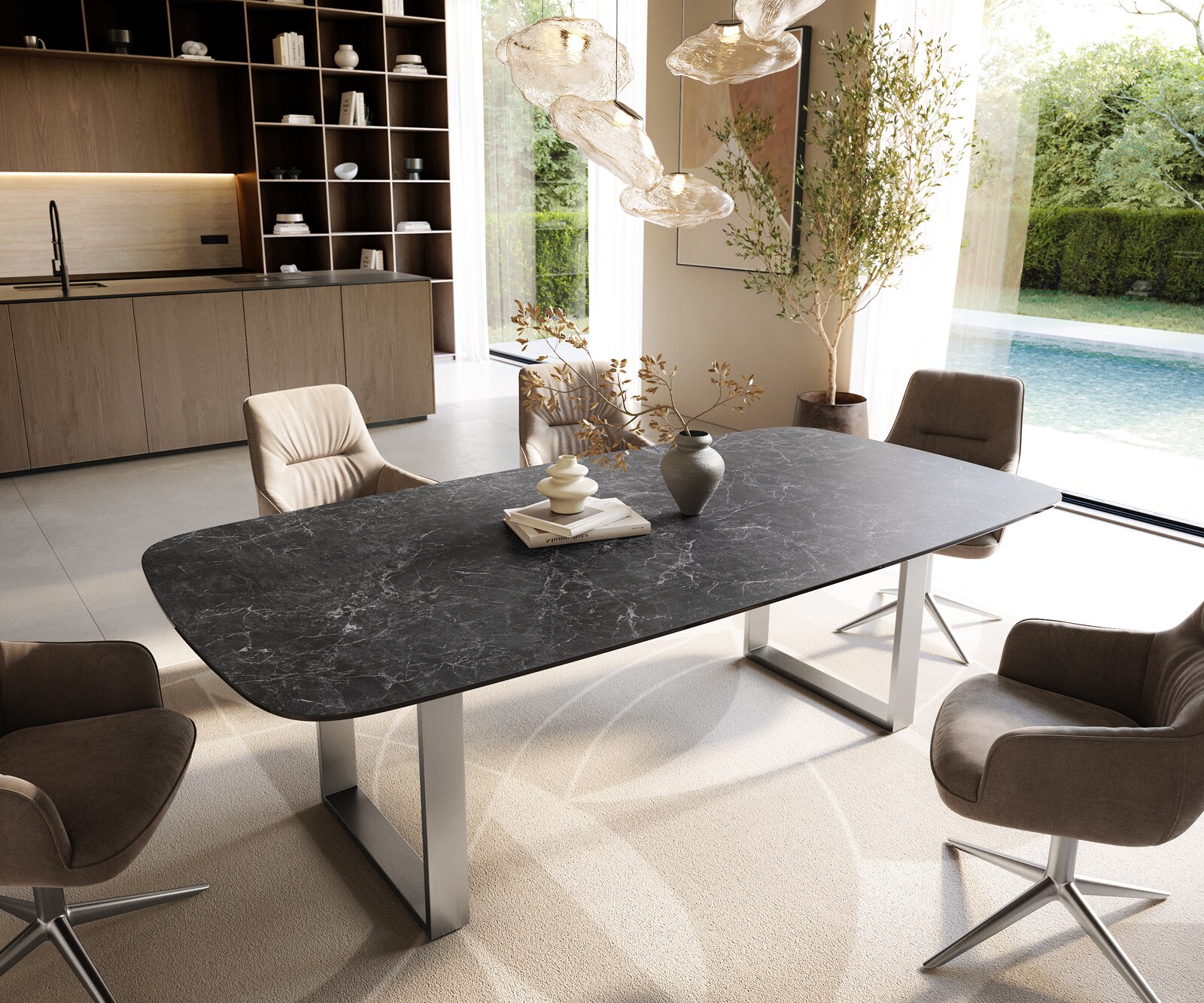 Трапезна маса Edge Boot 240x120 см, керамика Laminam „®“, „Nero Greco“, антрацит, неръждаема стомана, тясна 1