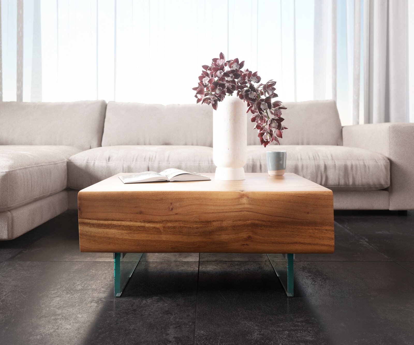 Холна маса Live-Edge 80x60 cm Акация Натурал 2 чекмеджета Стъкленплаващ крак New 2