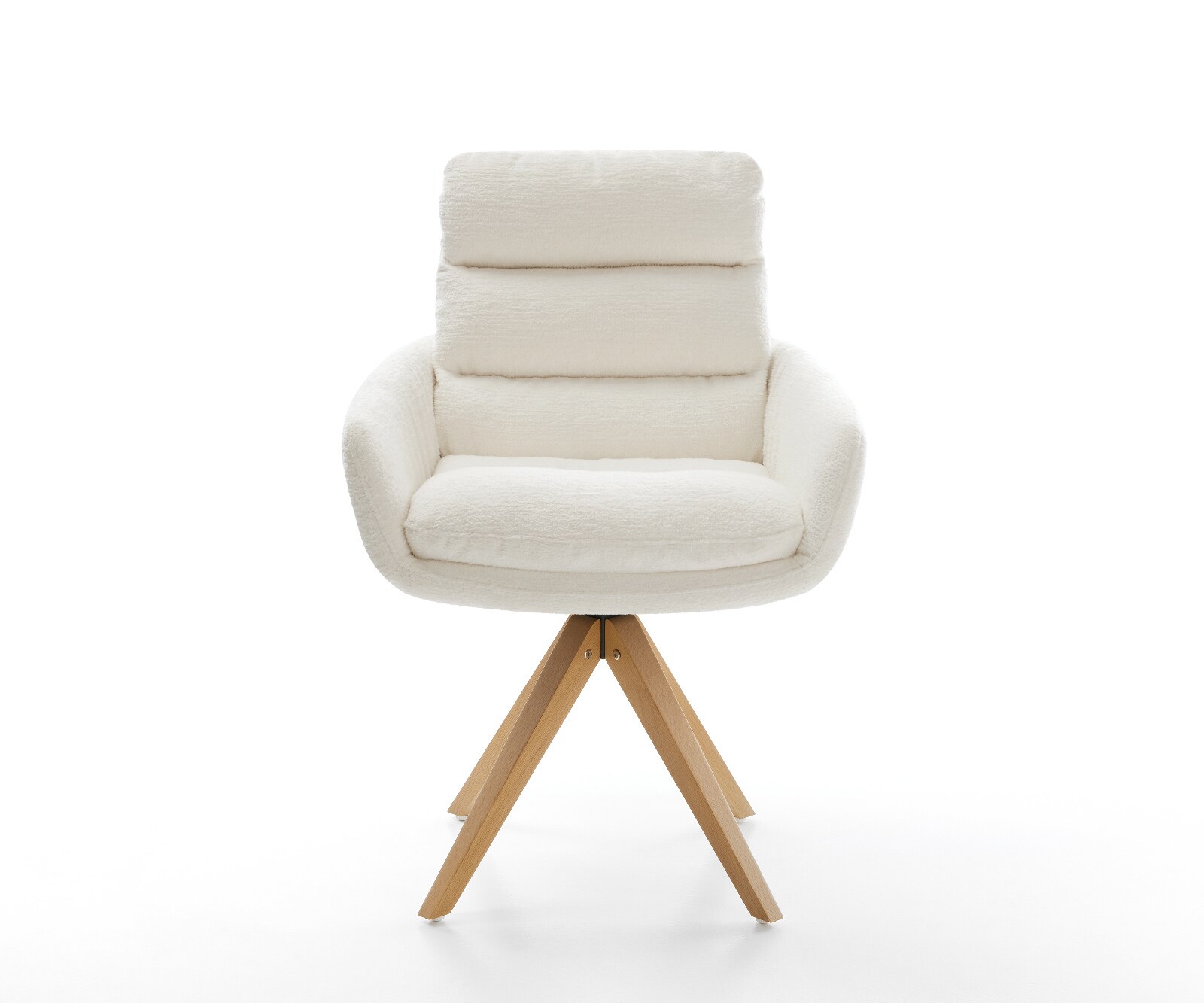 Въртящ се стол „Abelia-Flex“ с подлакътници „Bouclé Soft Beige“, дървена рамка с изчистени линии в естествен цвят, с възможност за завъртане на 180° 2
